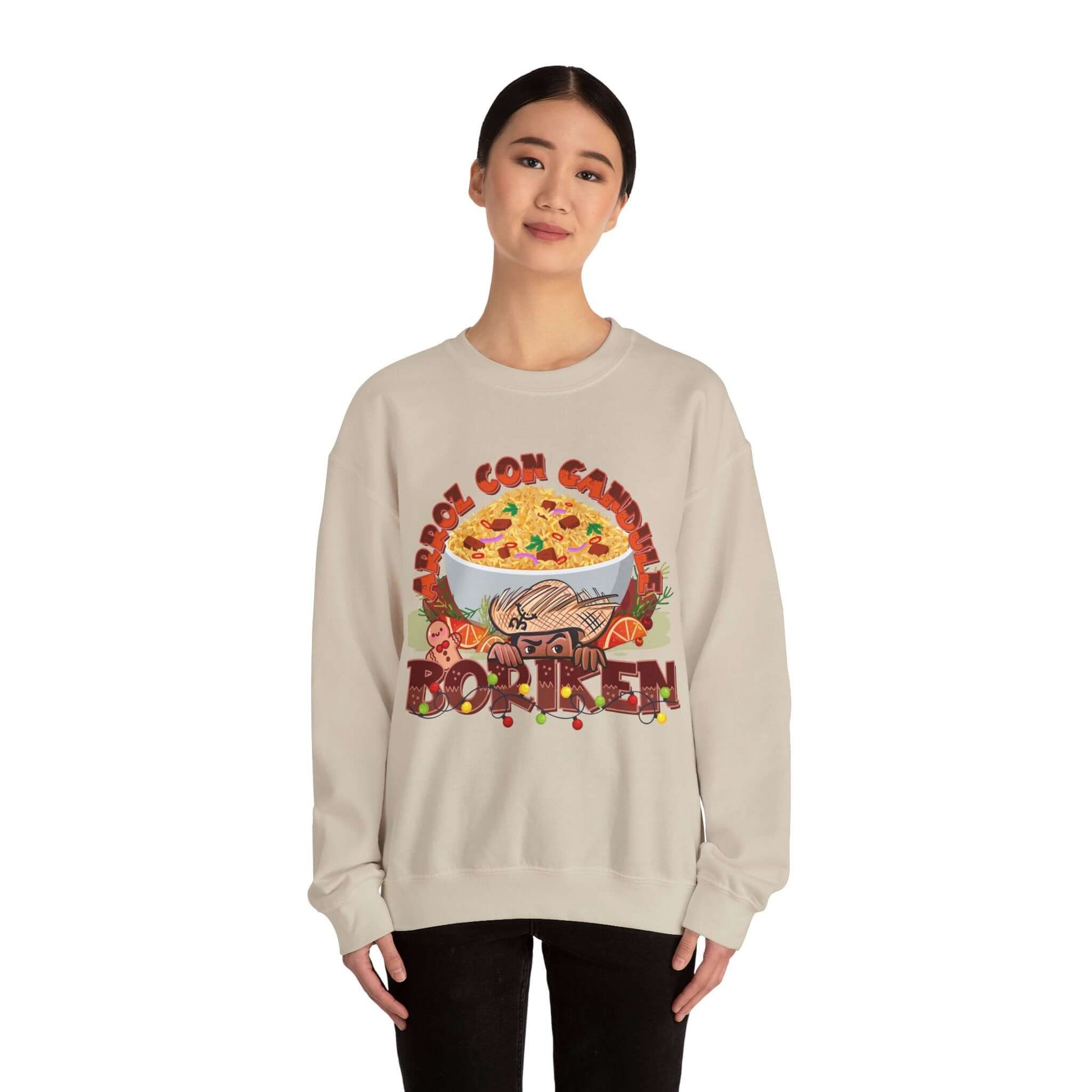 Festive Puerto Rican holiday sweater with Arroz Con Gandules design and bold "BORIKÉN" text worn by a smiling person.