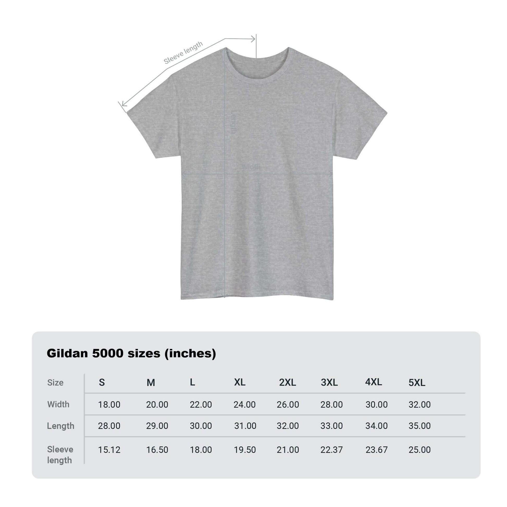 Gray unisex T-shirt displayed with Gildan 5000 size chart in inches, showcasing size dimensions from S to 5XL.