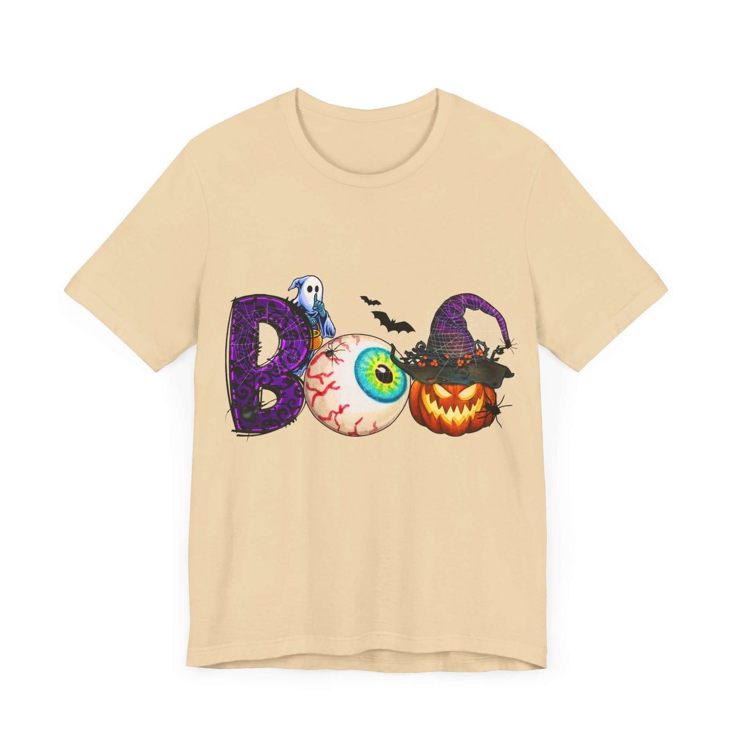 Halloween 'Boo' Women's T-shirt, Spooky Eyeball and Pumpkin Design, Cartoon Scary Tee for Unique Halloween Outfits and Fun Trick-or-Treating