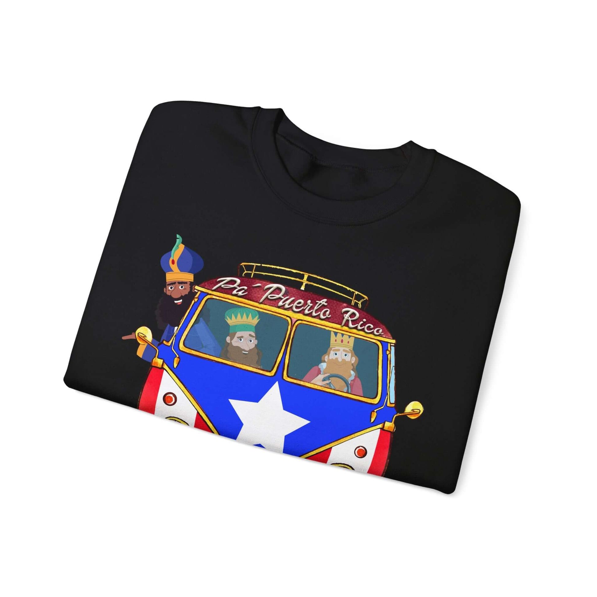 Black Christmas sweater with VW bus design, Puerto Rico flag, and "Pa Puerto Rico" text, featuring the Three Kings on front.