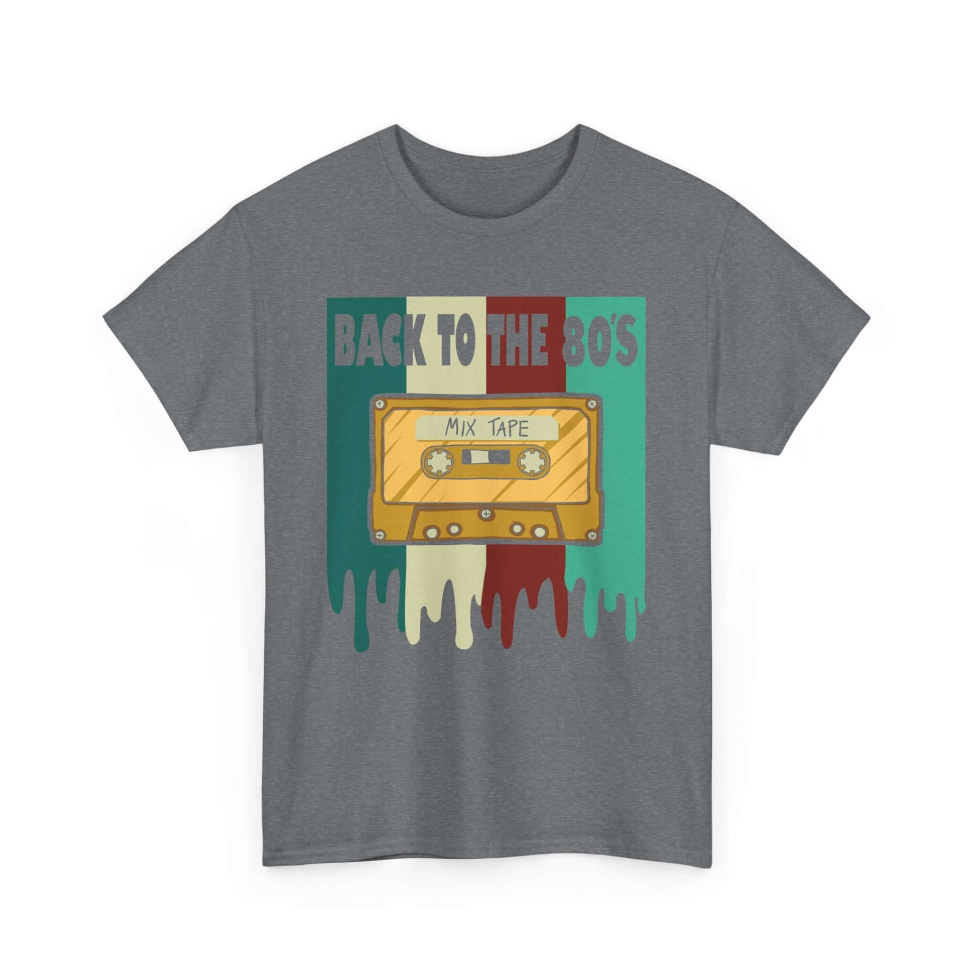 Retro Mixtape Tee with vintage cassette design and "Back to the 80's" text, perfect for music lovers and 80's fans.