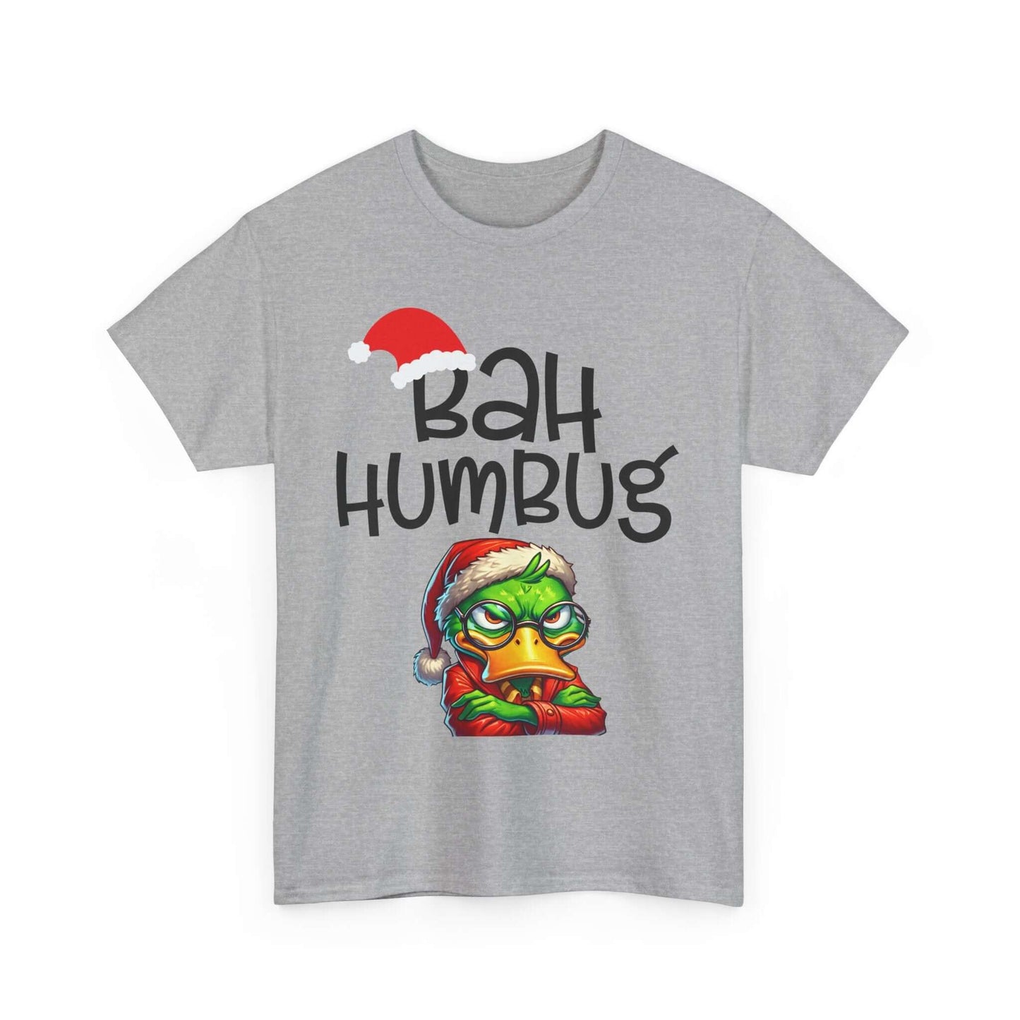 Unisex 'Bah Humbug' tee featuring a humorous cartoon character in a Santa hat on a gray background. Perfect for Christmas fun.