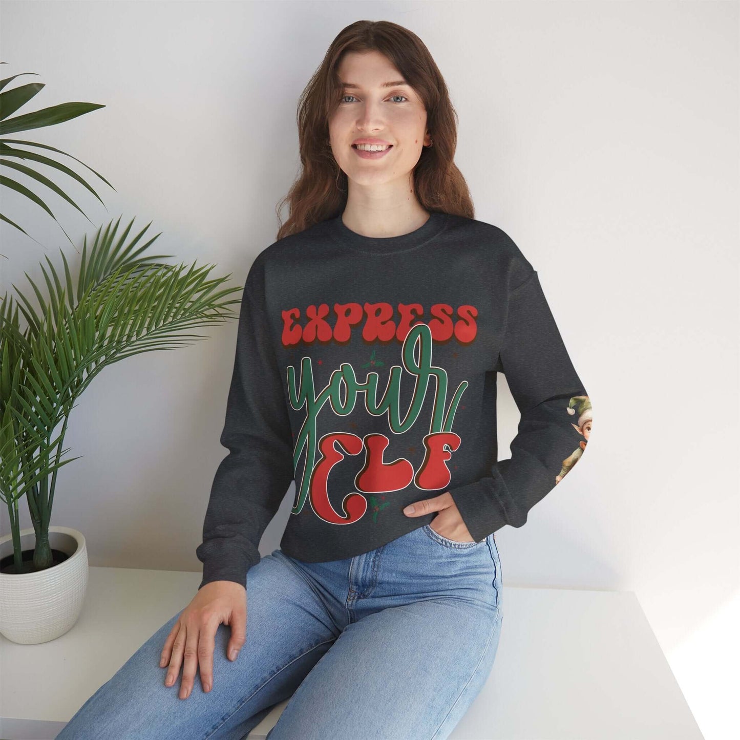 Express Yourself Festive Sweatshirt - Colorful Holiday Elf Design, Individuality and Style