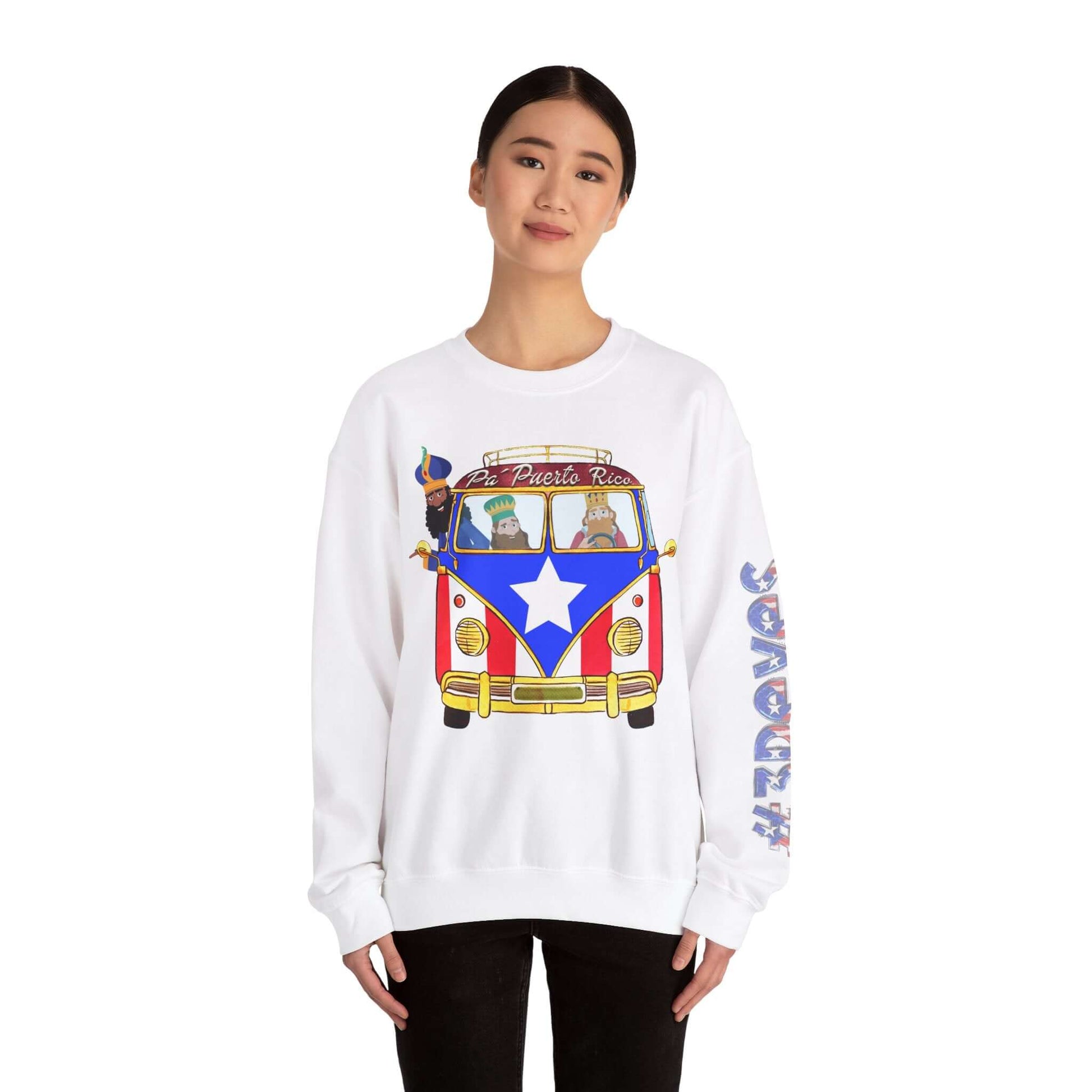 Christmas sweater featuring VW bus with Puerto Rico flag, "Pa Puerto Rico" text, and festive print on left sleeve.