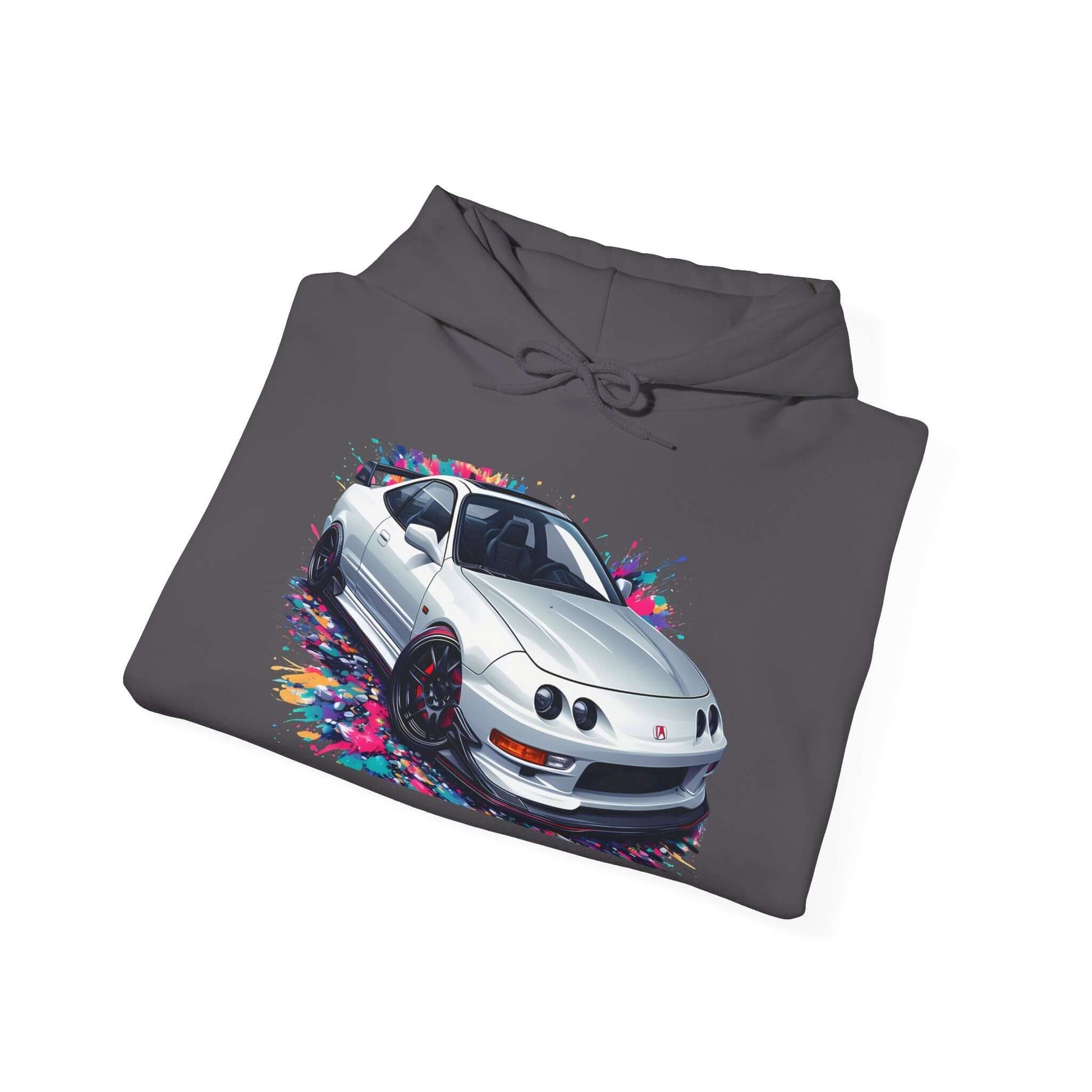 White hoodie featuring a sporty DC2 USDM front clip design with a white model integra, perfect for car enthusiasts.