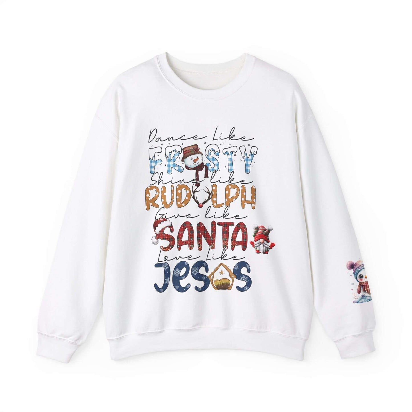 Festive Holiday T-Shirt with Snowman and Christmas Tree, Frosty Rudolph Santa Jesus Design, Colorful Fonts, Perfect Gift