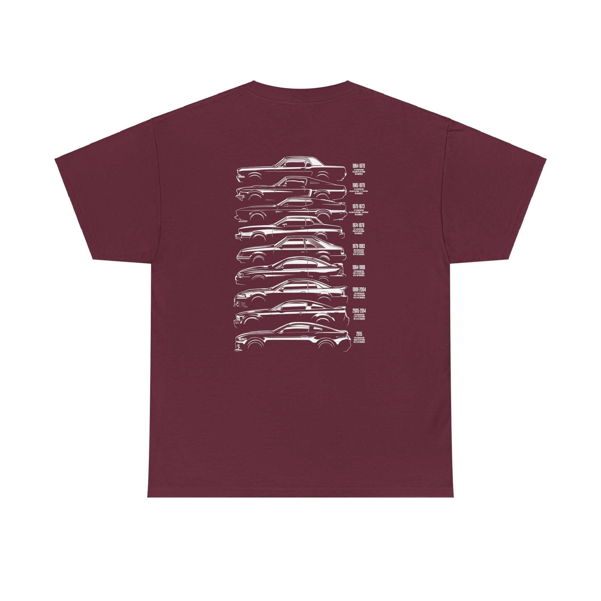 Maroon Ford Mustang Evolution Tee showcasing year-by-year Mustang designs from 1964 to 2015 on the back.