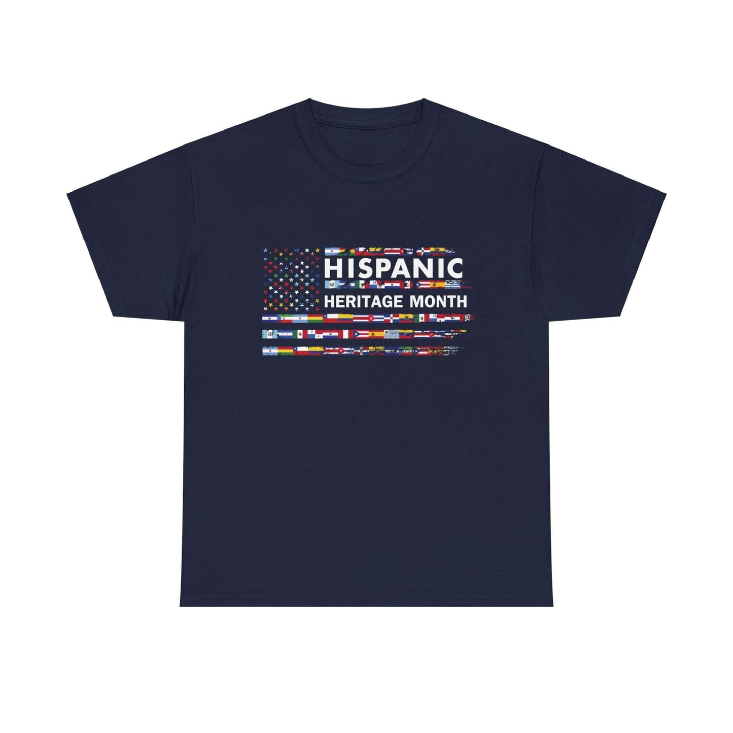 Navy T-shirt celebrating Hispanic Heritage Month with a vibrant flag mosaic design. Embrace your heritage with pride.