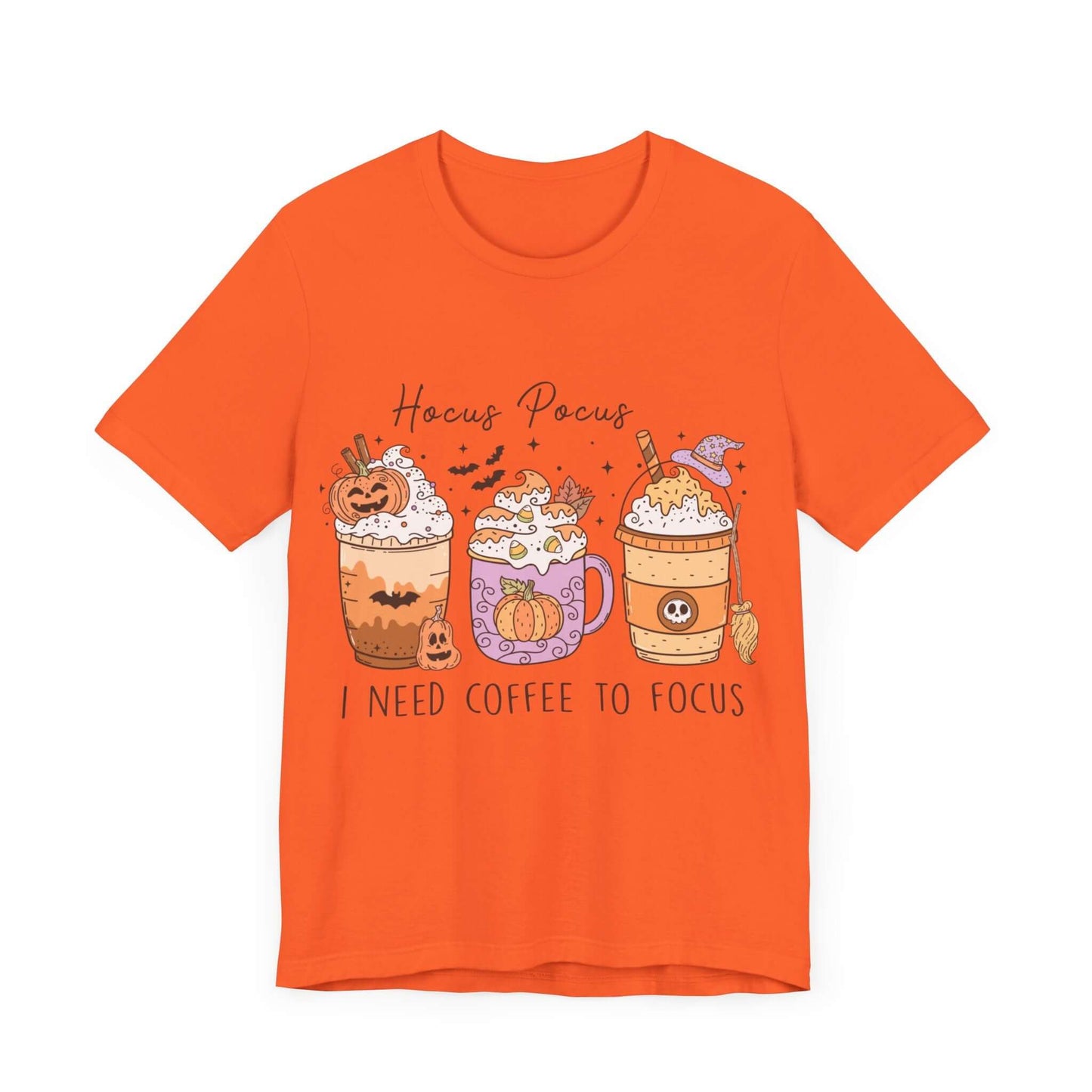 Halloween Coffee Lover's T-shirt, Hocus Pocus I Need Coffee to Focus, Women's Spooky Shirt for Brew-Witching Mornings and Halloween Parties.