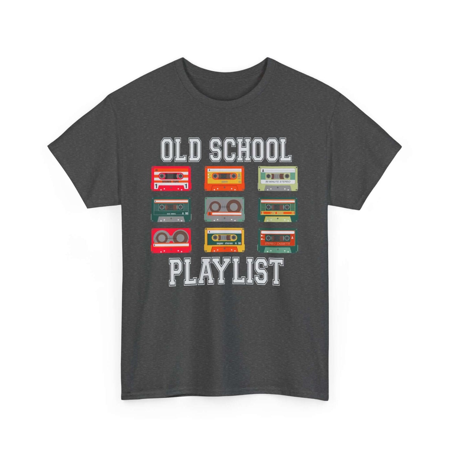 Vintage Cassette Tee - Retro Music Nostalgia T-Shirt with "Old School Playlist" text and colorful cassette tape design on dark fabric