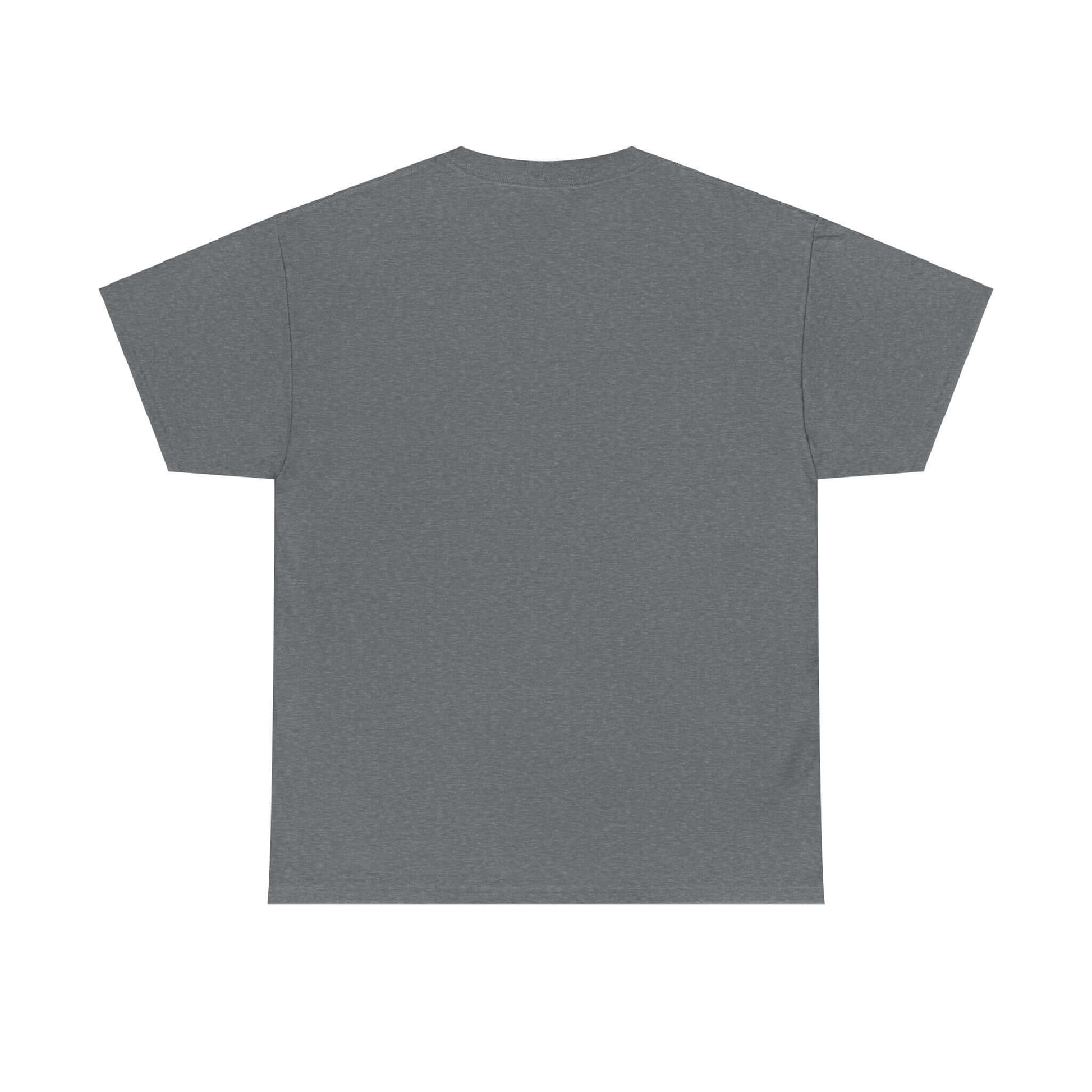 Back view of a plain, dark grey t-shirt with a crew neckline and short sleeves.