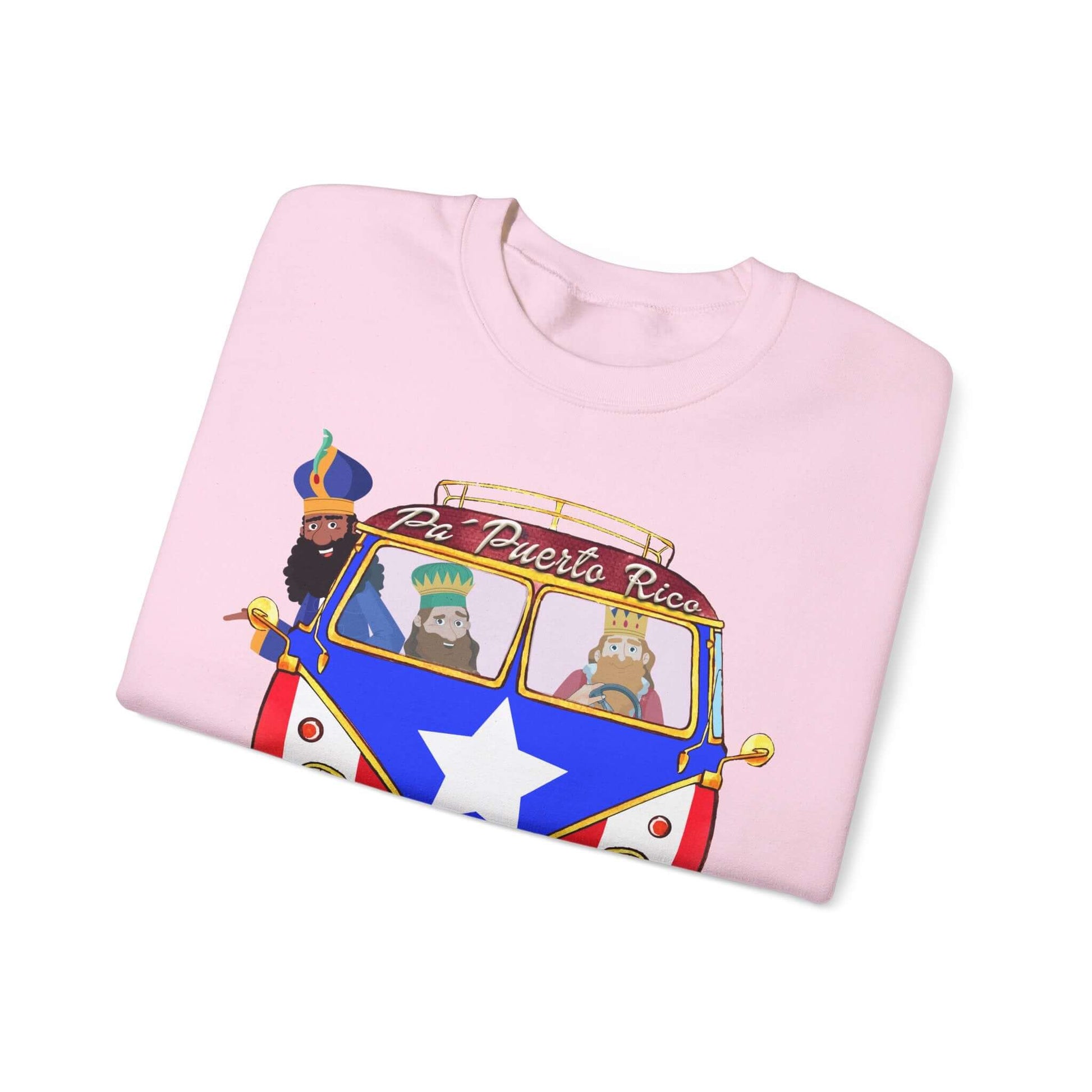 Pink Christmas sweater with festive VW bus design, "Pa Puerto Rico" text, and Three Kings print on the front.