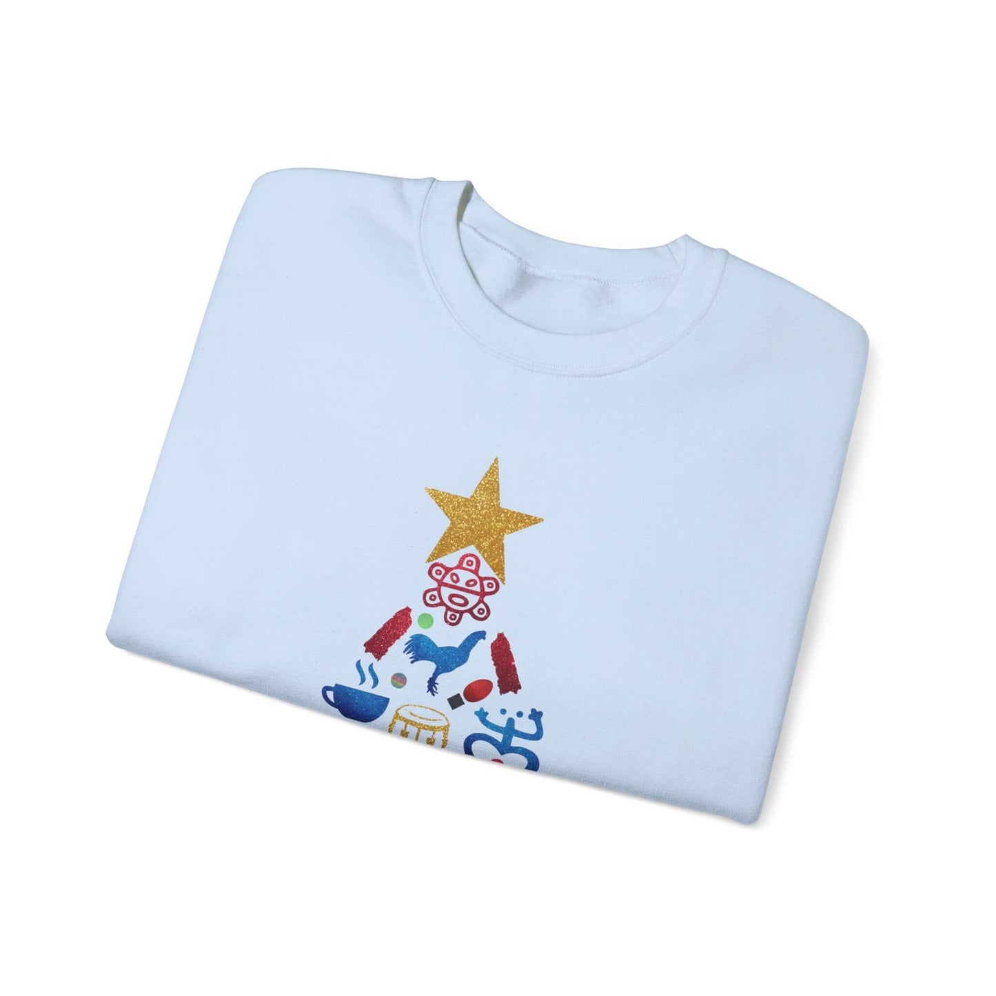 Feliz Navidad Puerto Rico Festive Print on left Long Sleeve Christmas T-Shirt with Unique Colorful Tree Design