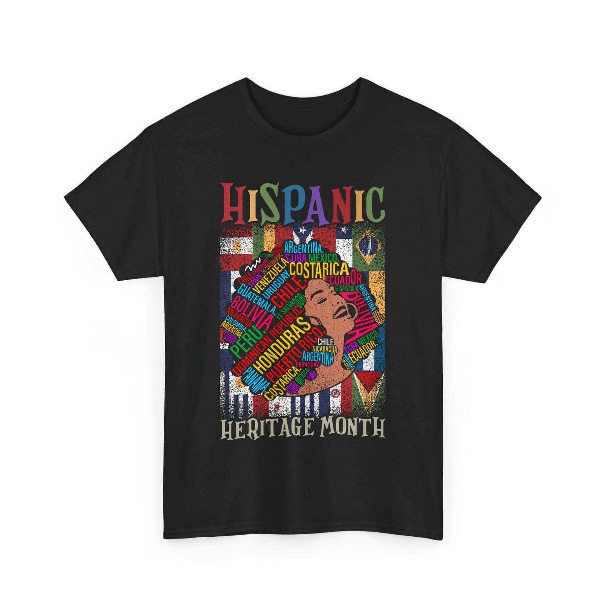 Artistic tees represent Hispanic Heritage Month with vibrant cultural motifs and country names on a black T-shirt.