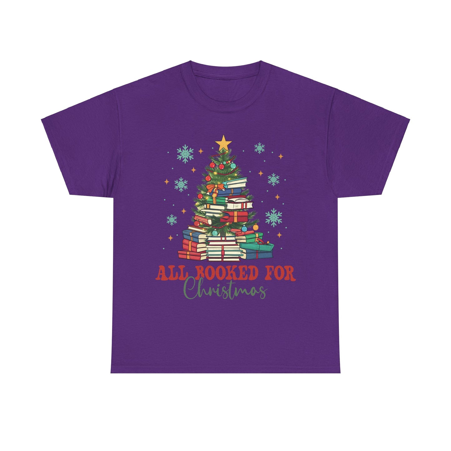 Purple Christmas tee featuring a book stack tree design with "All Booked for Christmas" text, perfect for cozy holiday vibes.