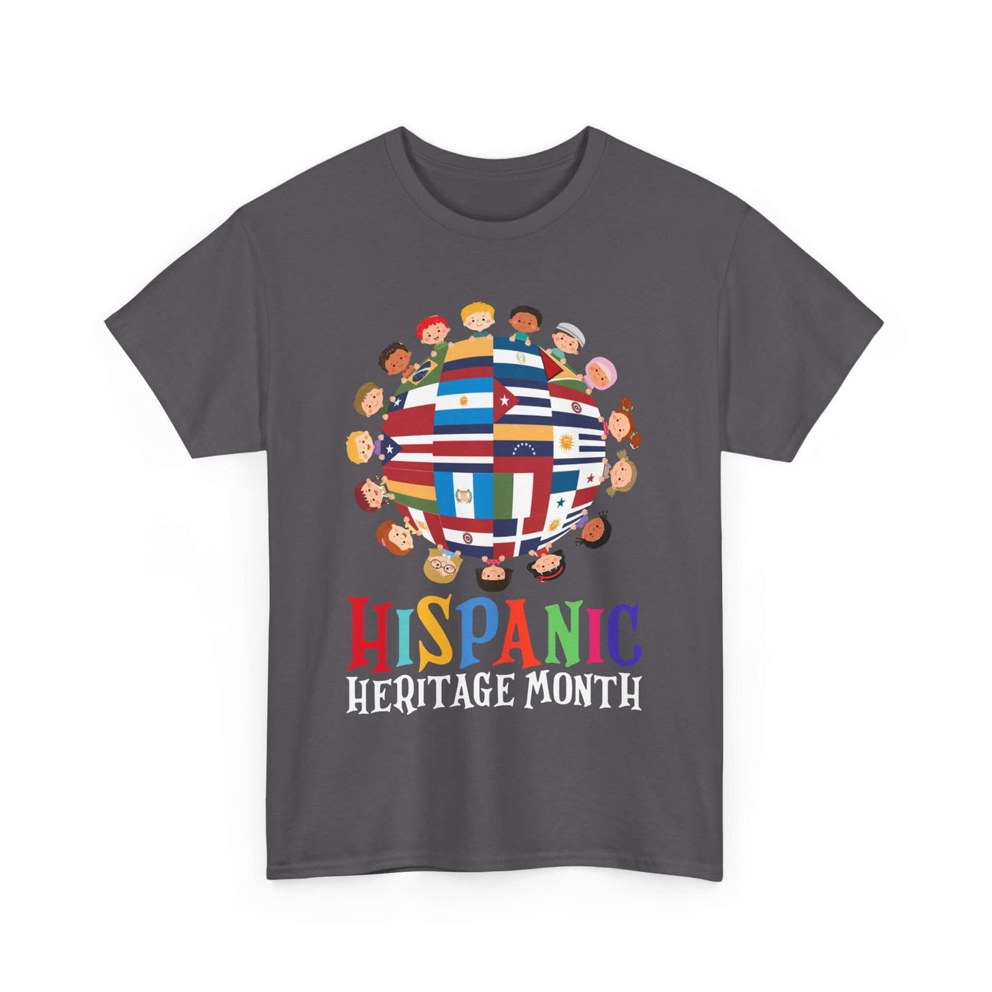 Kids' T-shirt celebrating Hispanic Heritage Month with colorful globe of flags and diverse children design.