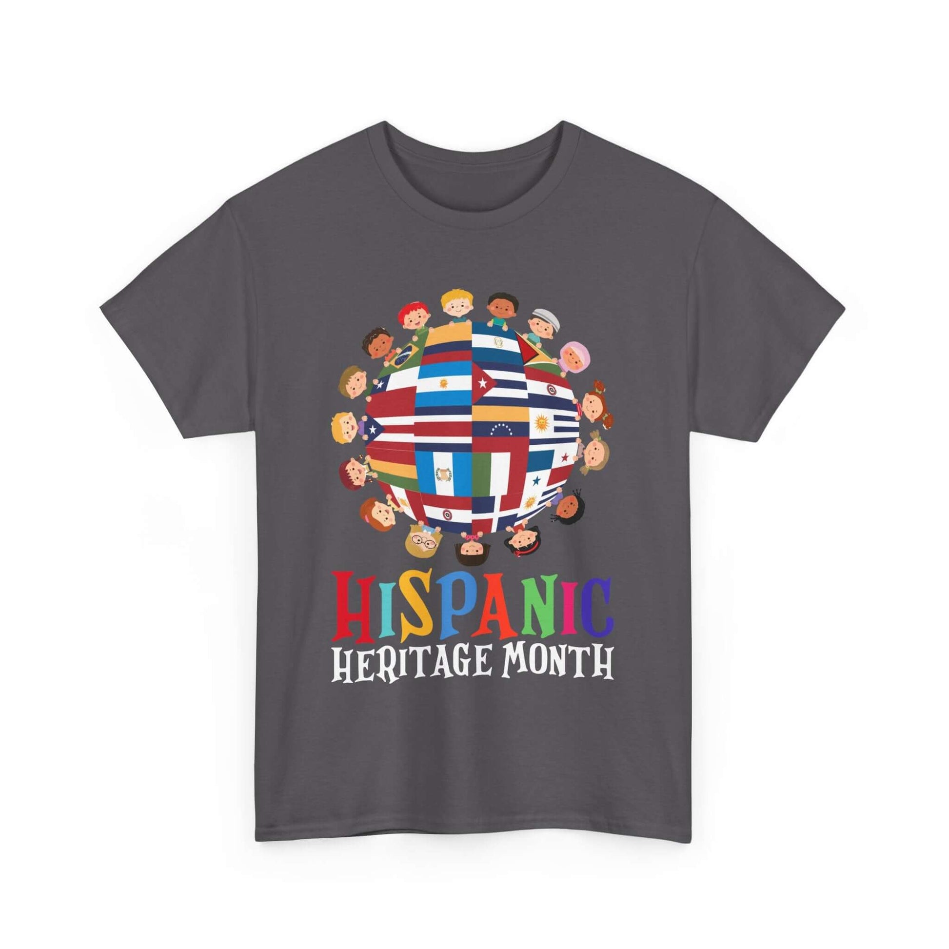 Kids' T-shirt celebrating Hispanic Heritage Month with colorful globe of flags and diverse children design.