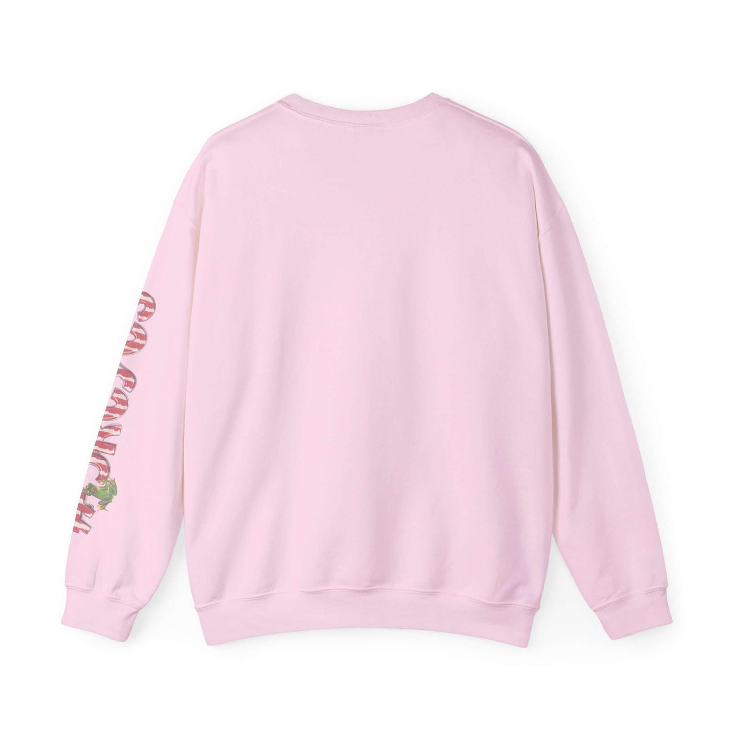 Light pink long sleeve sweater with a festive print on the left sleeve, viewed from the back.