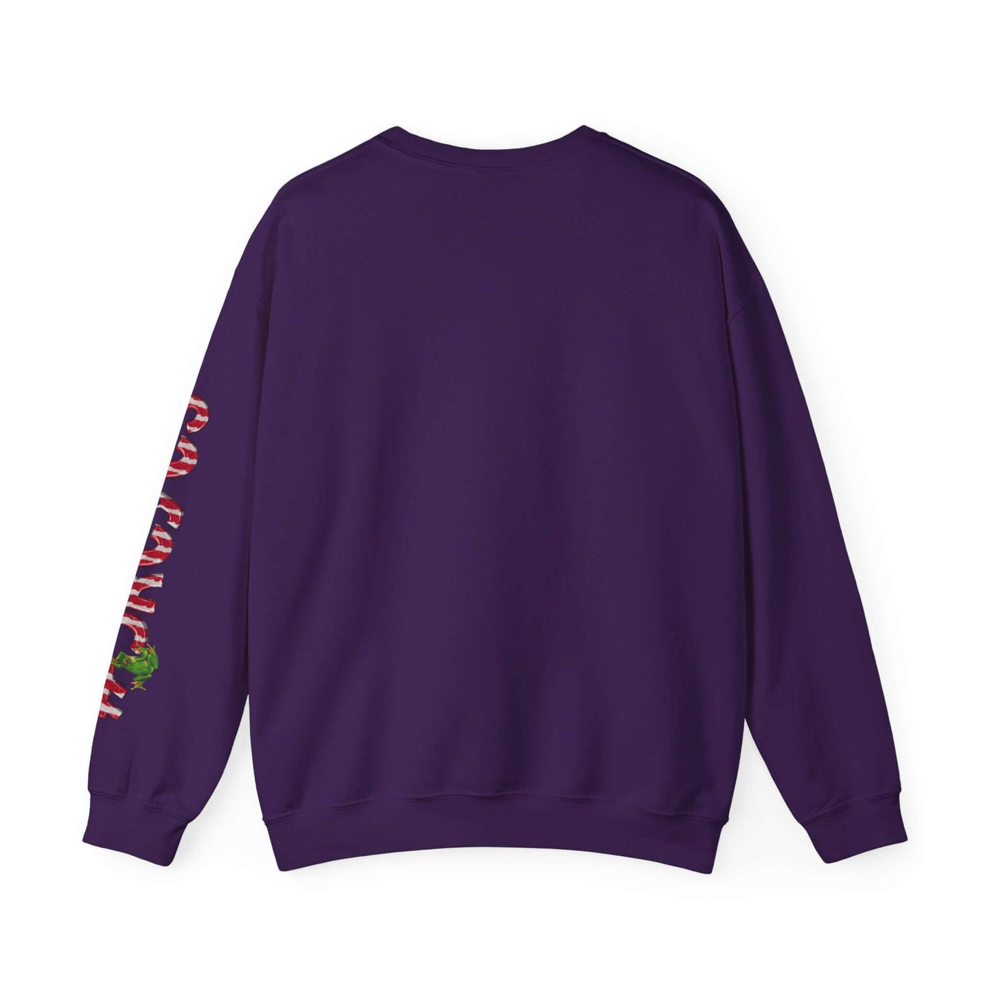 Purple long-sleeve sweater with festive print on left sleeve, holiday-themed design for Christmas, customizable fashion item.