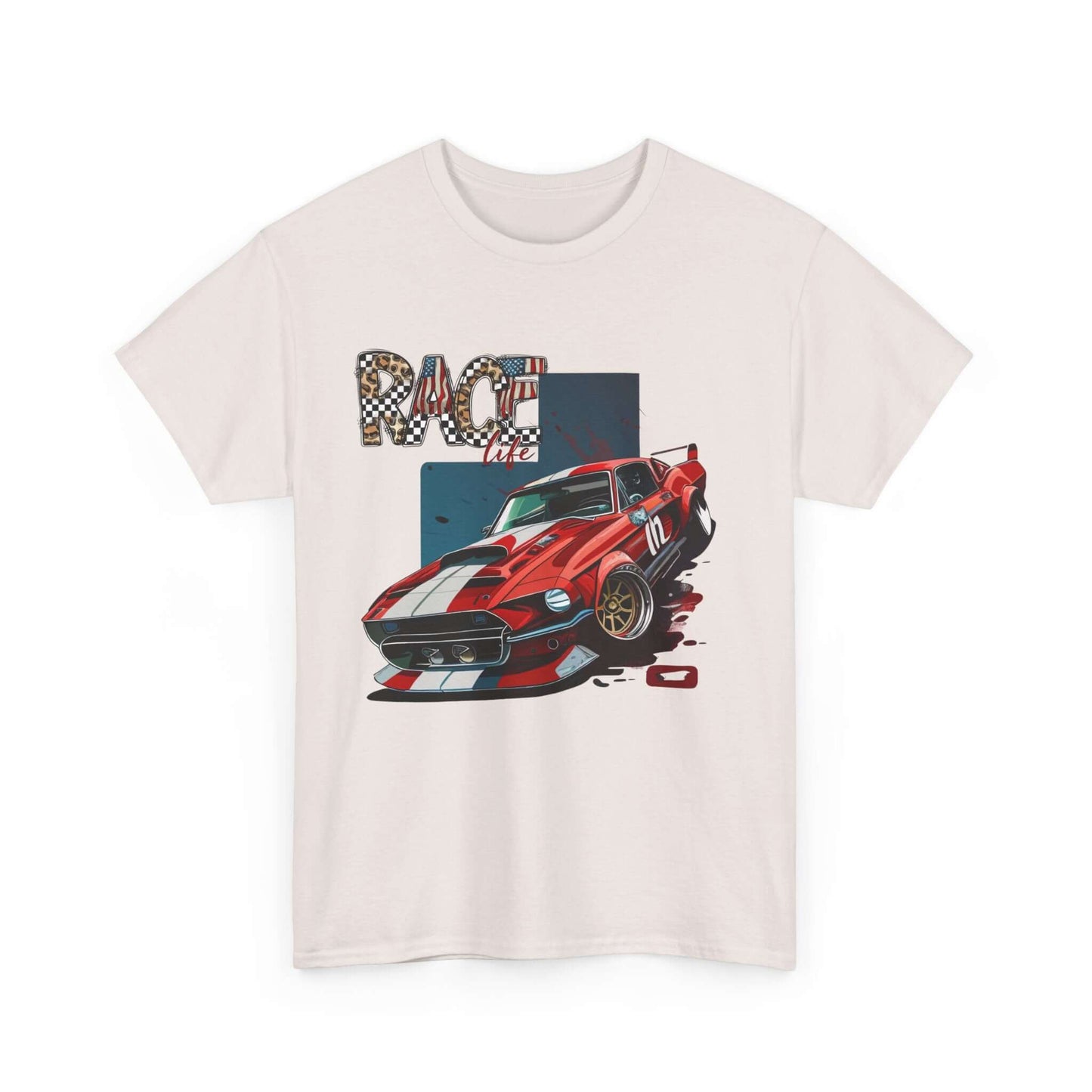 Racing Life Muscle Car T-Shirt with classic red Mustang design and 'RACE life' emblem, perfect for track day enthusiasts and patriotic racers