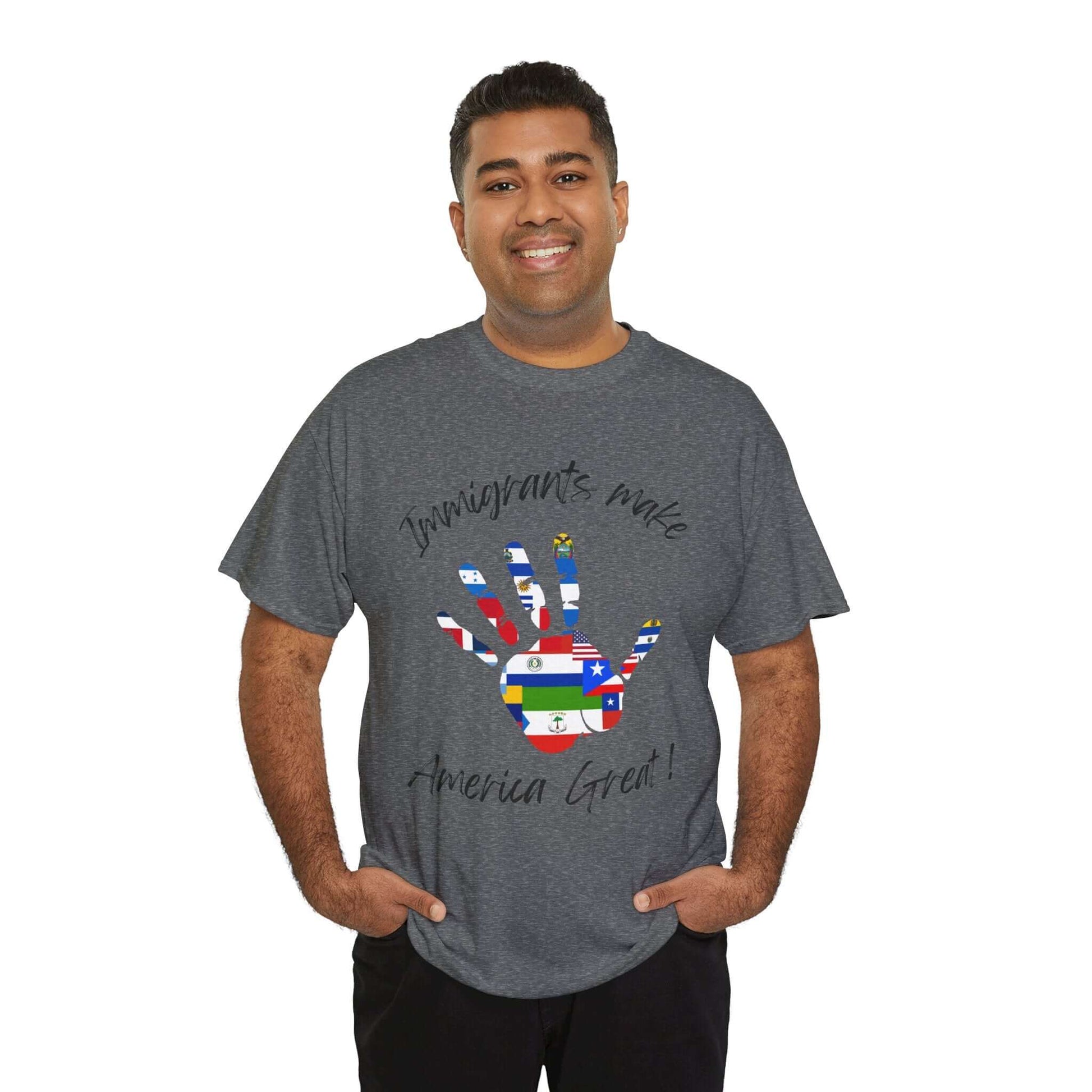 Man wearing 'Immigrants Make America Great' tee with flag hand print, promoting diversity and unity.