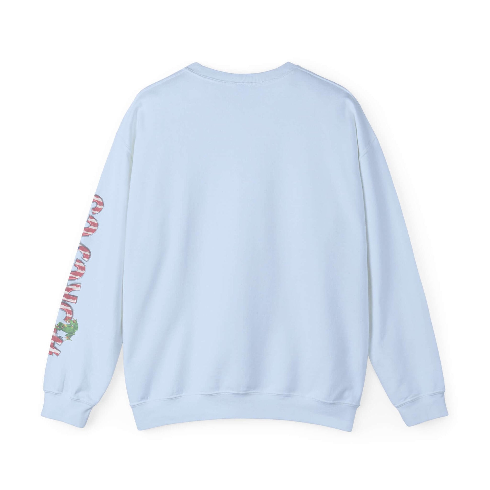 Light blue sweater with festive print on left sleeve, perfect for the holiday season.