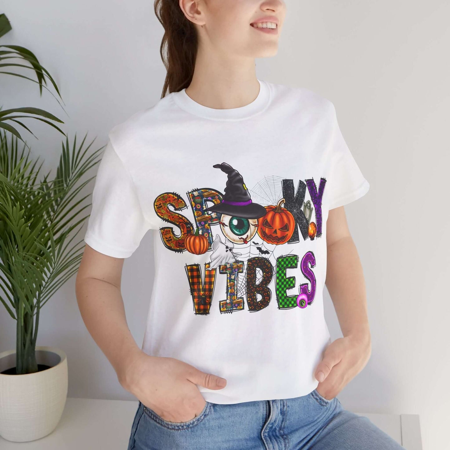 Halloween Vibes Women's T-shirt - Spooky Mischievous Goblins and Fluttering Bats - Cartoon Scary Tee for Halloween Outfits and Tingling Fun.