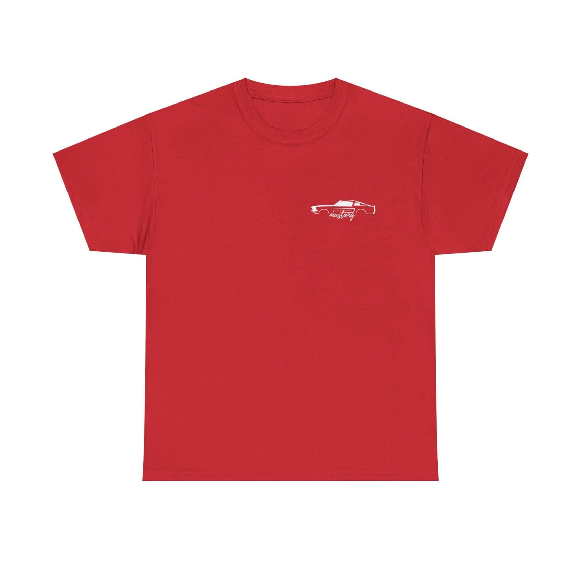 Red Ford Mustang Evolution Tee with 1967 Ford Mustang front chest print, showcasing year-by-year car specs from 1964 to 2015.