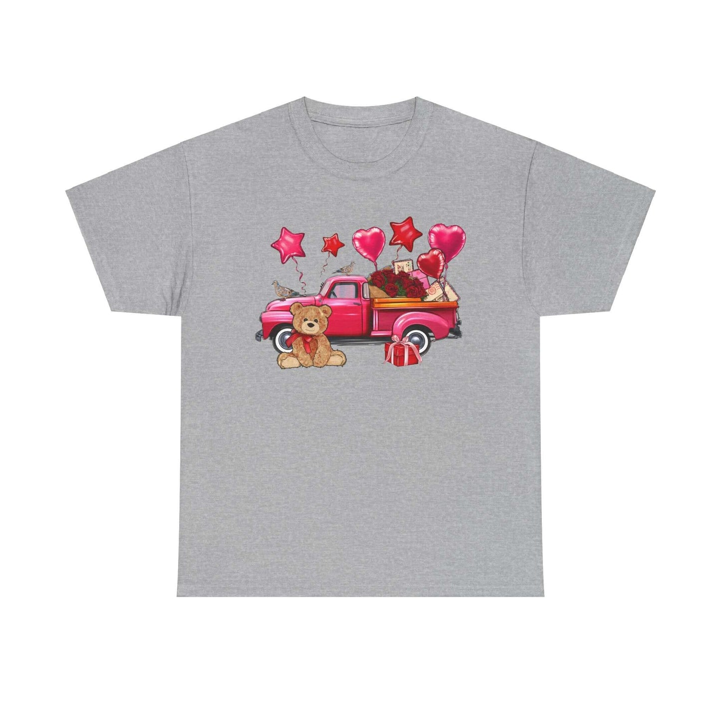 Valentine's Day tee featuring a vintage truck, roses, teddy bear, and balloons; perfect unisex love gift, classic fit heavy cotton fabric.