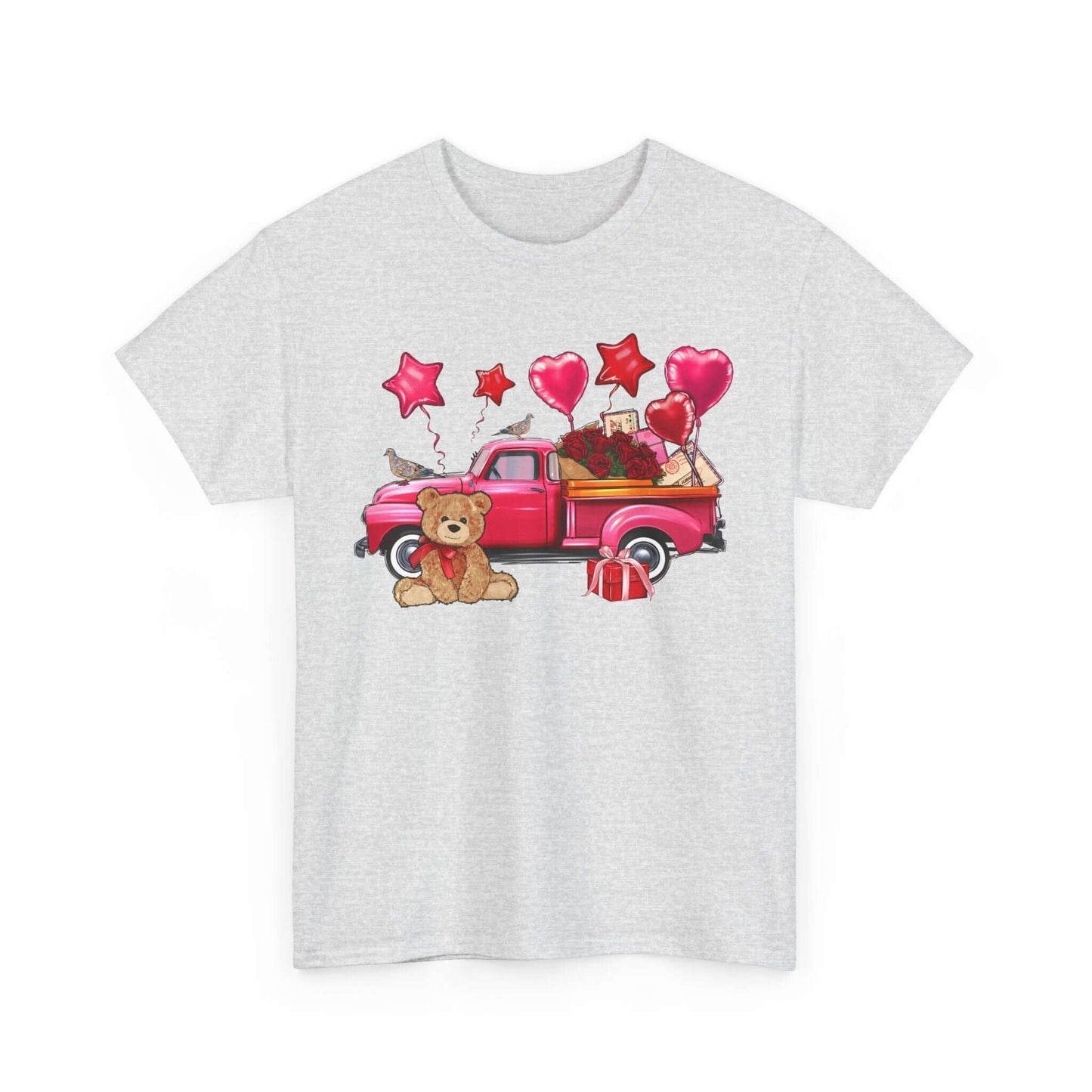 Valentine's Day unisex T-shirt with vintage truck, roses, teddy bear, and heart balloons design. Perfect love gift for all ages.