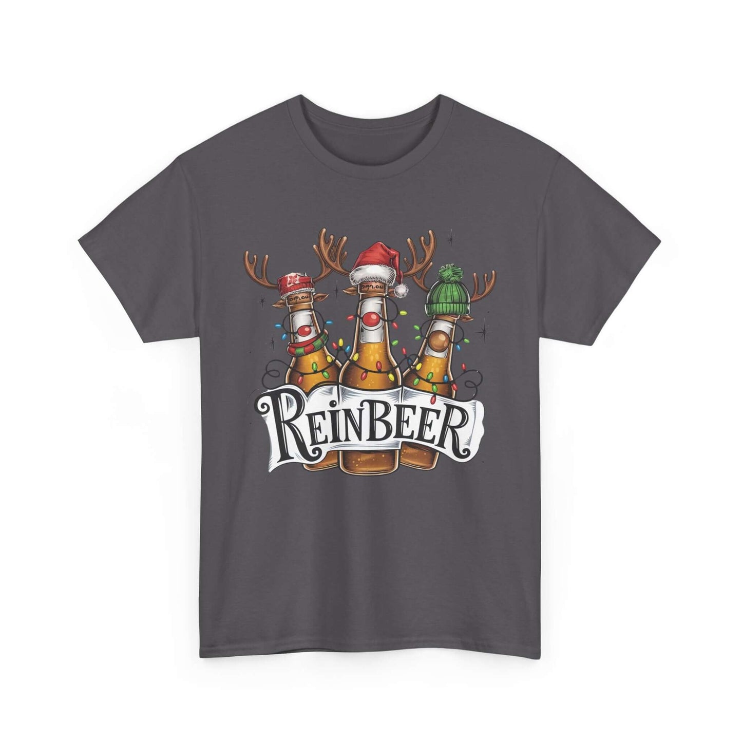 Festive Reinbeer t-shirt featuring beer bottles with reindeer hats and lights, perfect for Christmas celebrations.