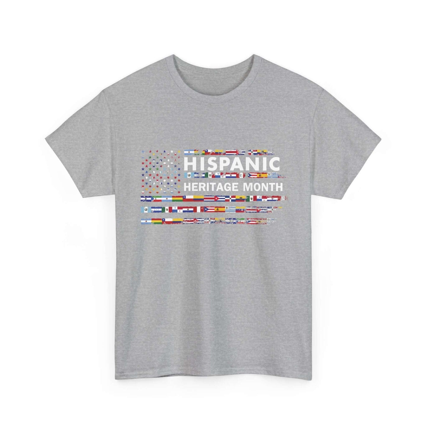 Hispanic Heritage Month T-shirt featuring a mosaic of flags celebrating diversity and cultural pride.