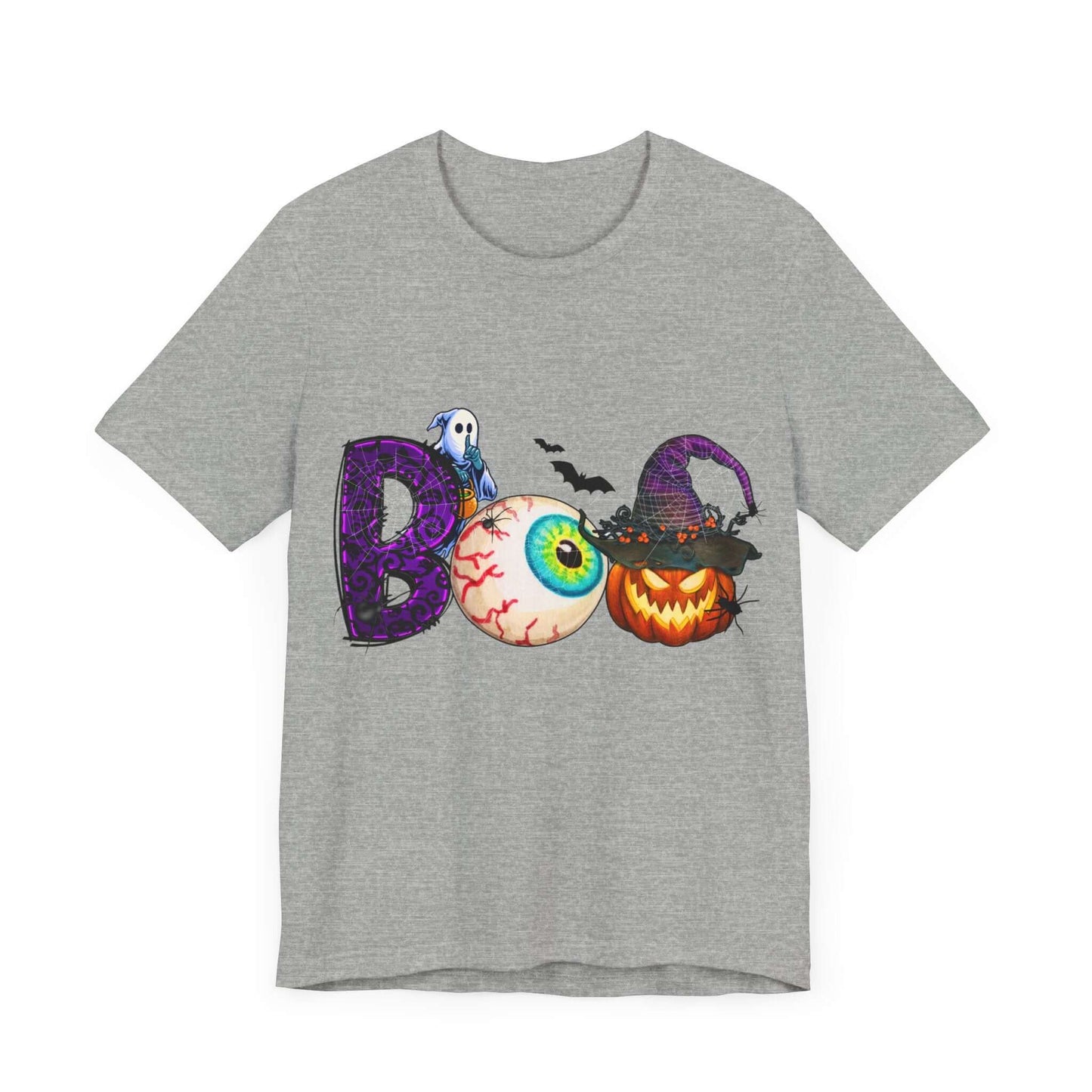 Halloween 'Boo' Women's T-shirt, Spooky Eyeball and Pumpkin Design, Cartoon Scary Tee for Unique Halloween Outfits and Fun Trick-or-Treating