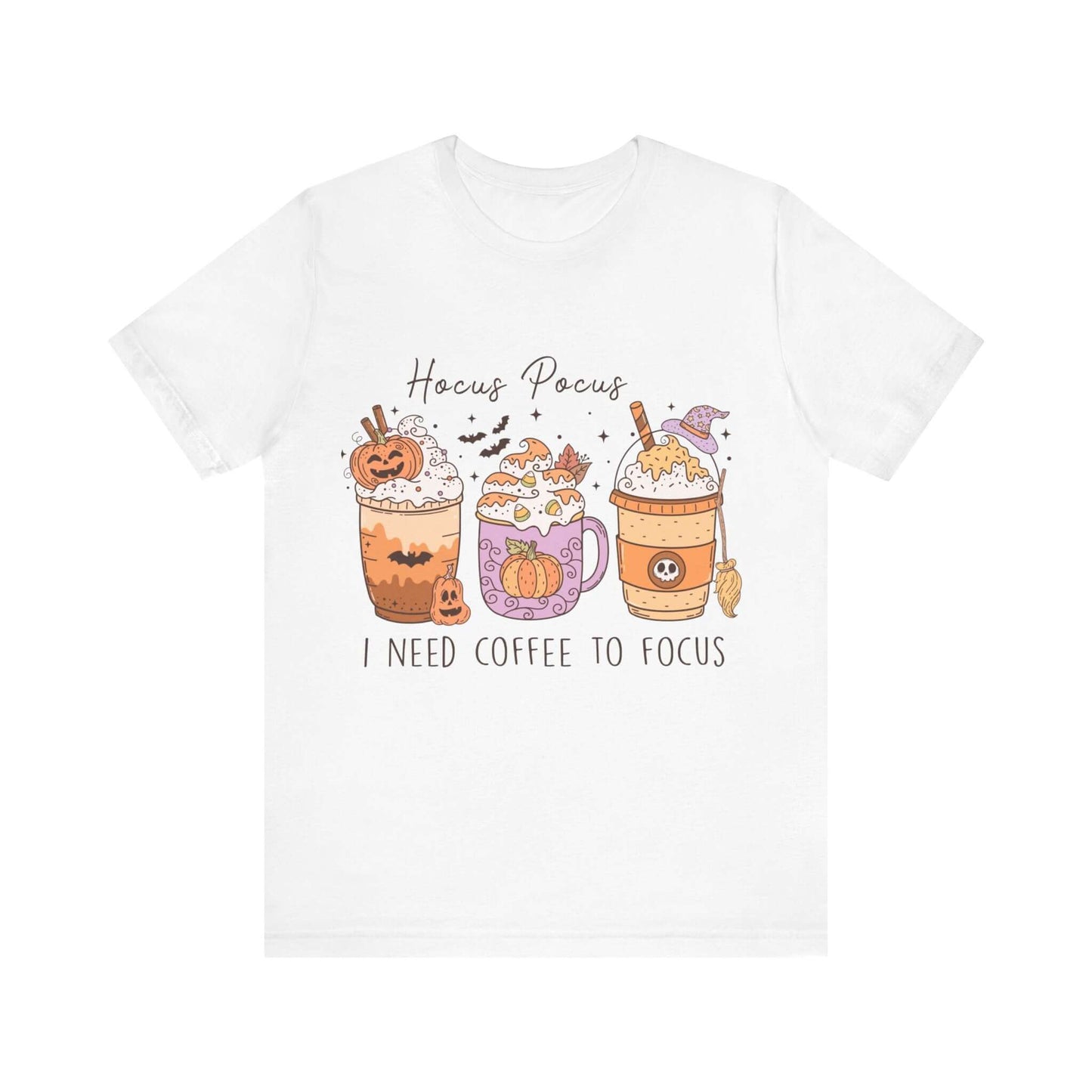 Halloween Coffee Lover's T-shirt, Hocus Pocus I Need Coffee to Focus, Women's Spooky Shirt for Brew-Witching Mornings and Halloween Parties.