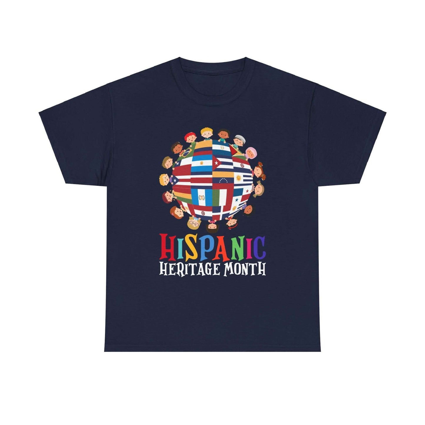 Kids' T-shirt celebrating Hispanic Heritage Month with flags on a globe design, perfect for embracing diversity and culture.