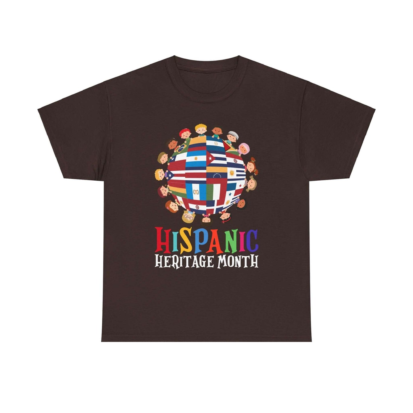 Kids' T-shirt celebrating Hispanic Heritage Month with colorful flags forming a globe design for embracing diversity.