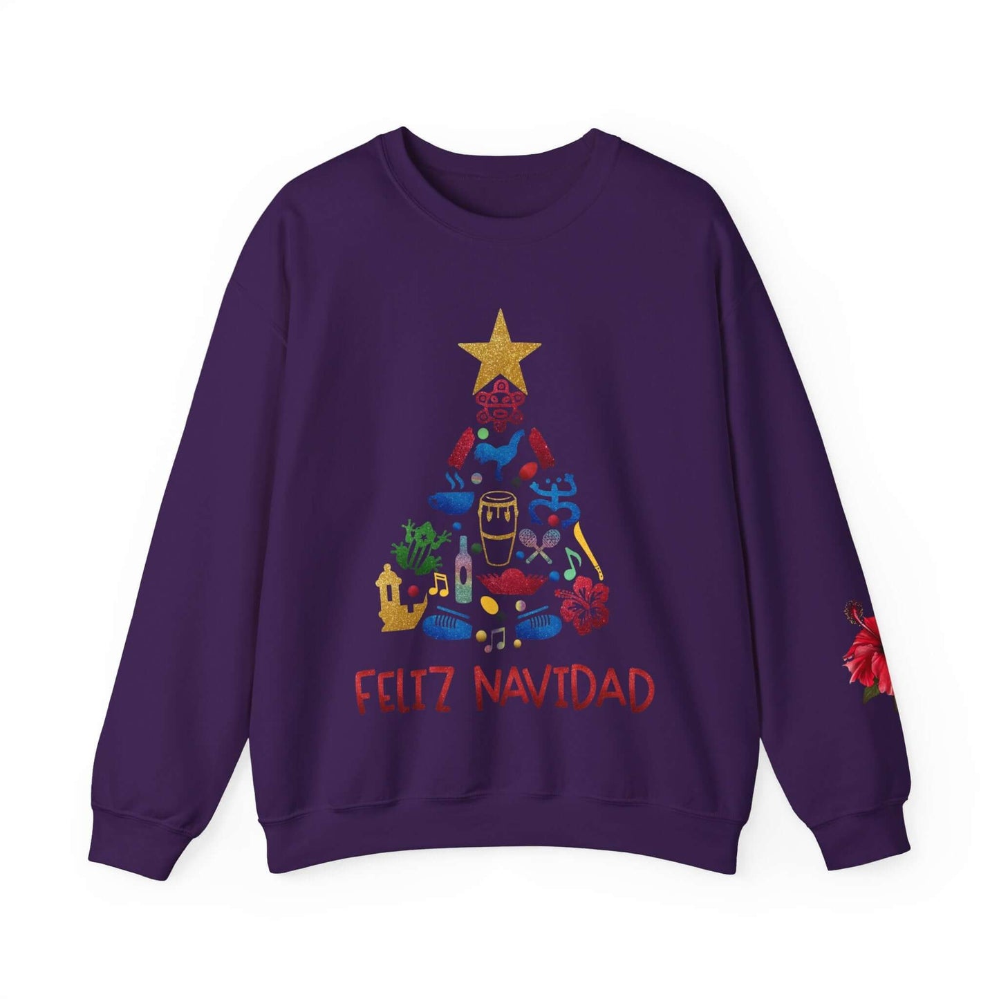 Feliz Navidad Puerto Rico Festive Print on left Long Sleeve Christmas T-Shirt with Unique Colorful Tree Design