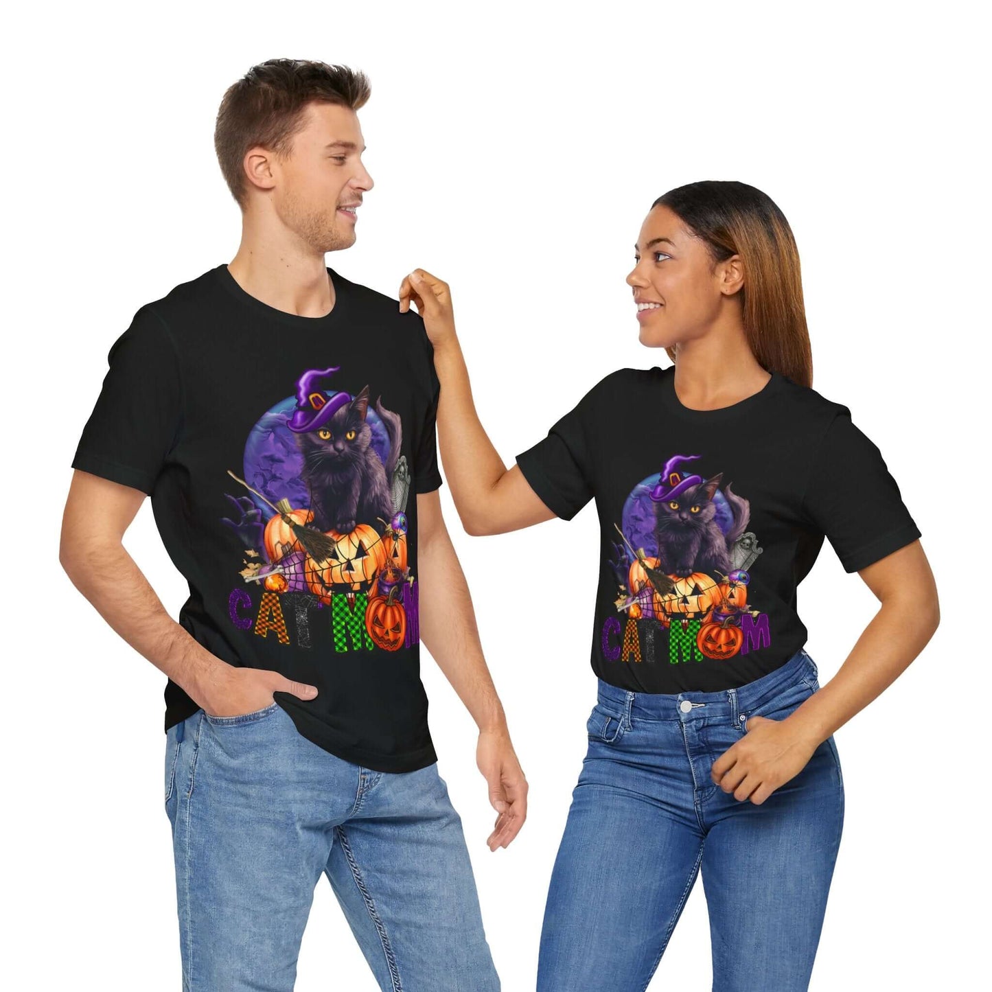 Cat Mom Women's T-shirt - Adorable Baby Black Cat, Pumpkins and Purple Moon, - Unique Halloween Outfits, Festive Parties, and Feline Fun.