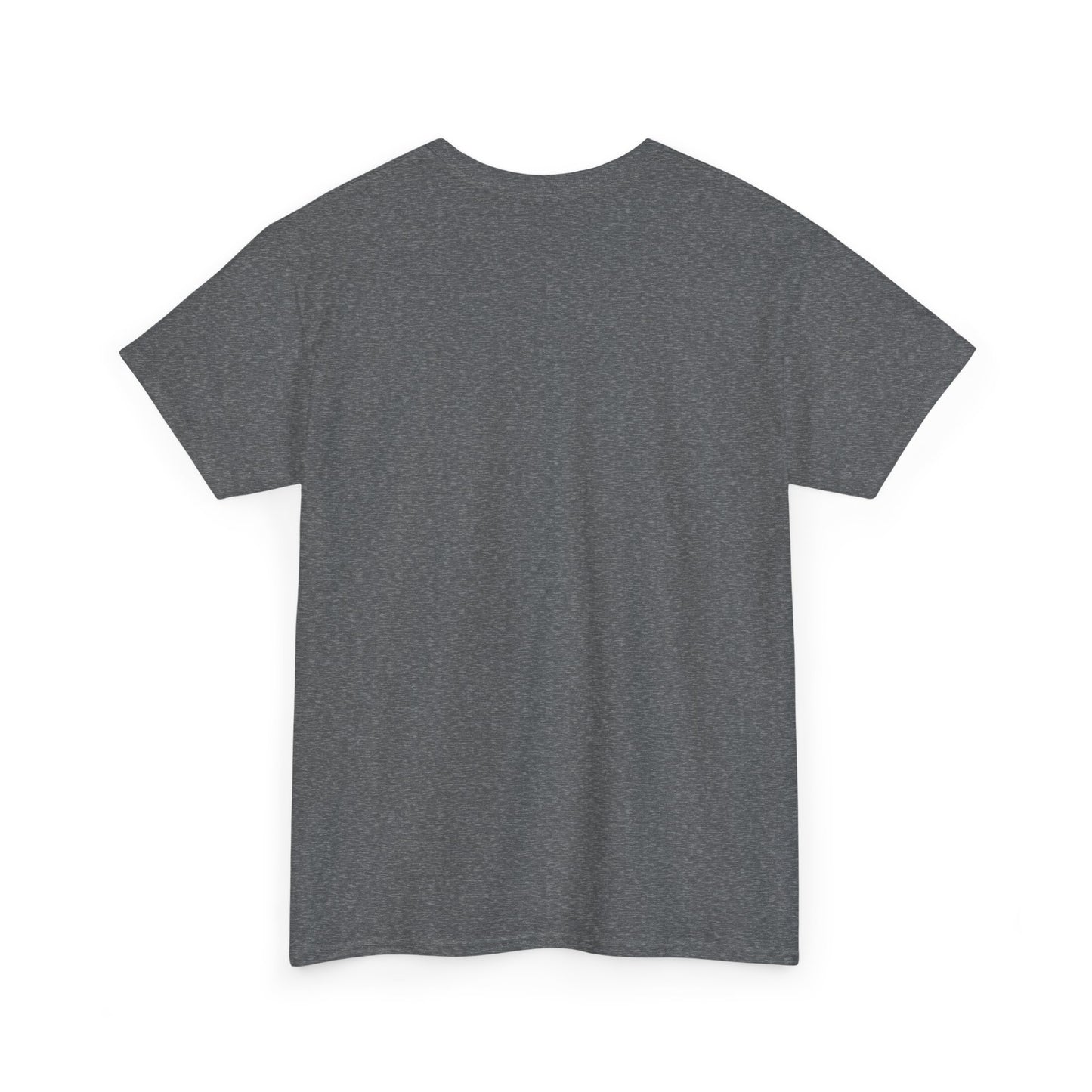 Back view of a unisex heavy t-shirt in a dark grey color, perfect for casual wear and holiday-themed designs.