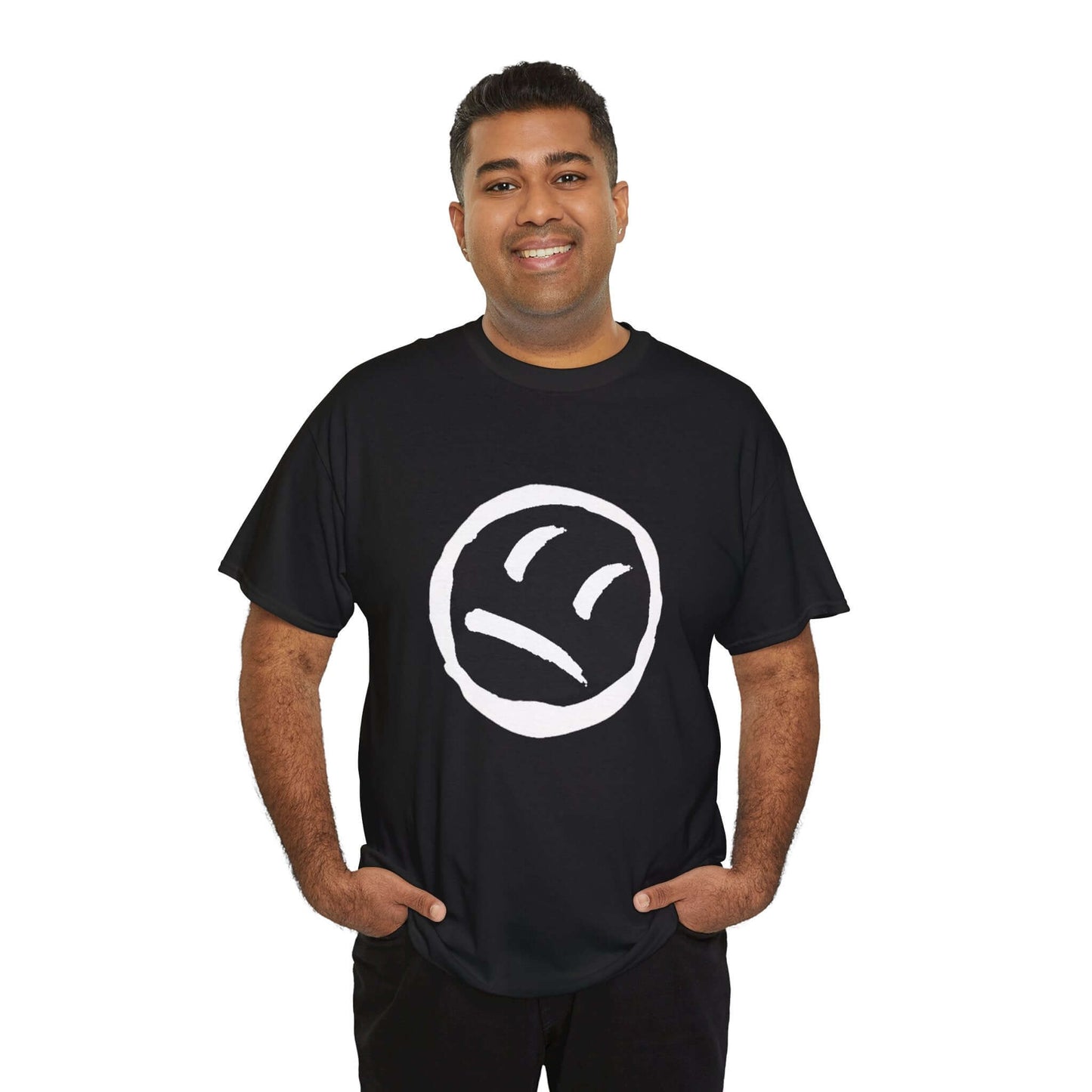 Unisex Heavy Cotton Tee with Smiley Face Design, perfect for casual outings and relaxed weekends. Black tee with a hand-drawn smiley print.