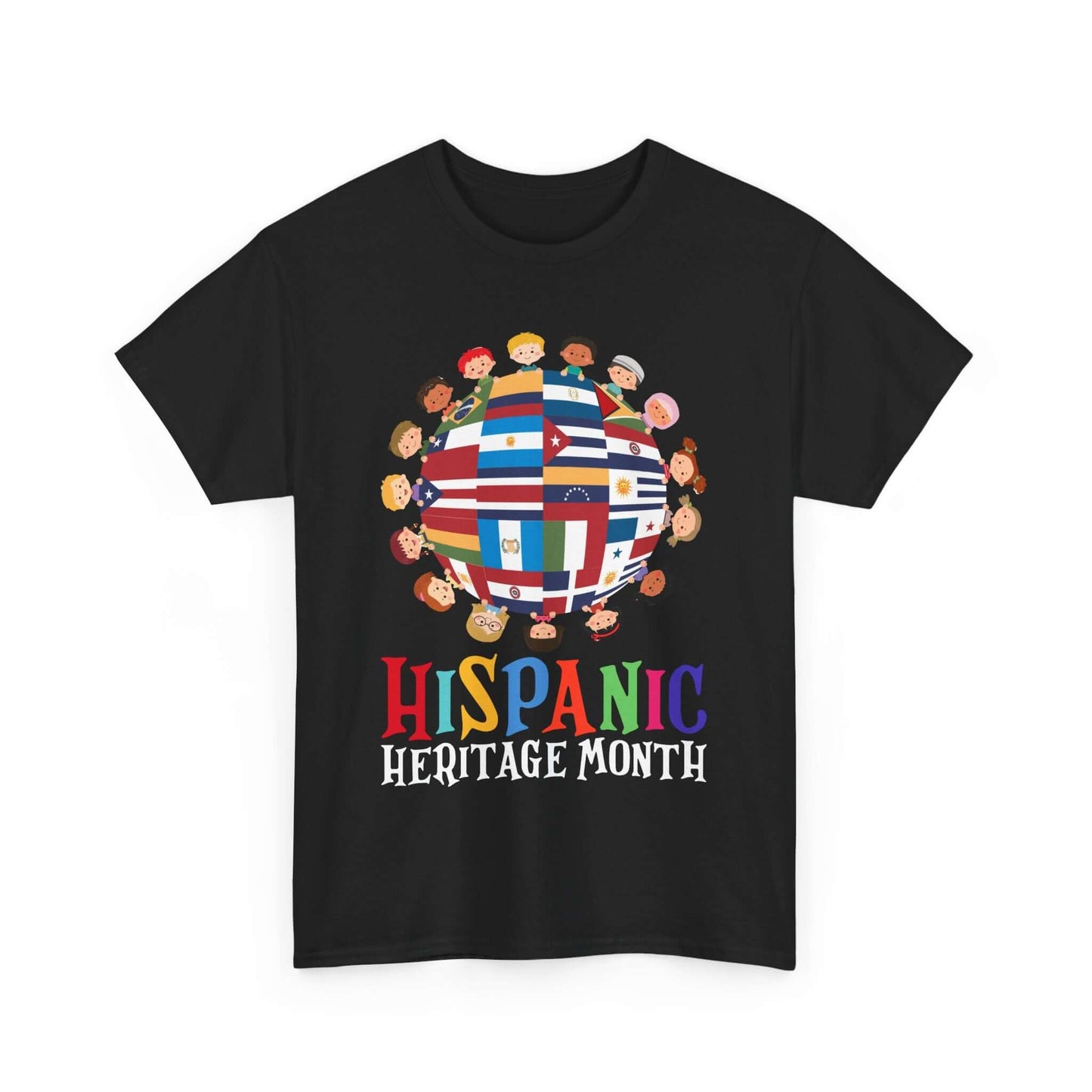 Kids' T-shirt celebrating Hispanic Heritage Month with colorful globe design of Hispanic flags and playful characters.