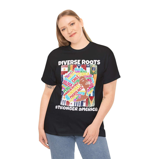 Woman wearing a 'Diverse Roots Stronger America' T-shirt supporting immigration with colorful design, unisex tee.