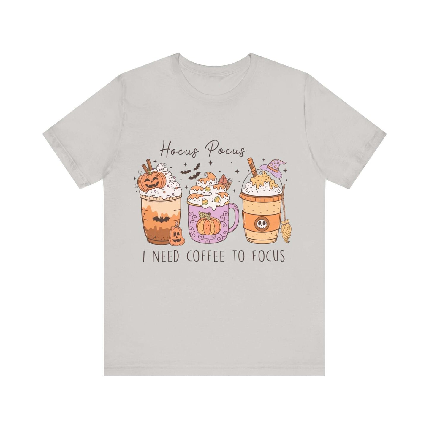 Halloween Coffee Lover's T-shirt, Hocus Pocus I Need Coffee to Focus, Women's Spooky Shirt for Brew-Witching Mornings and Halloween Parties.