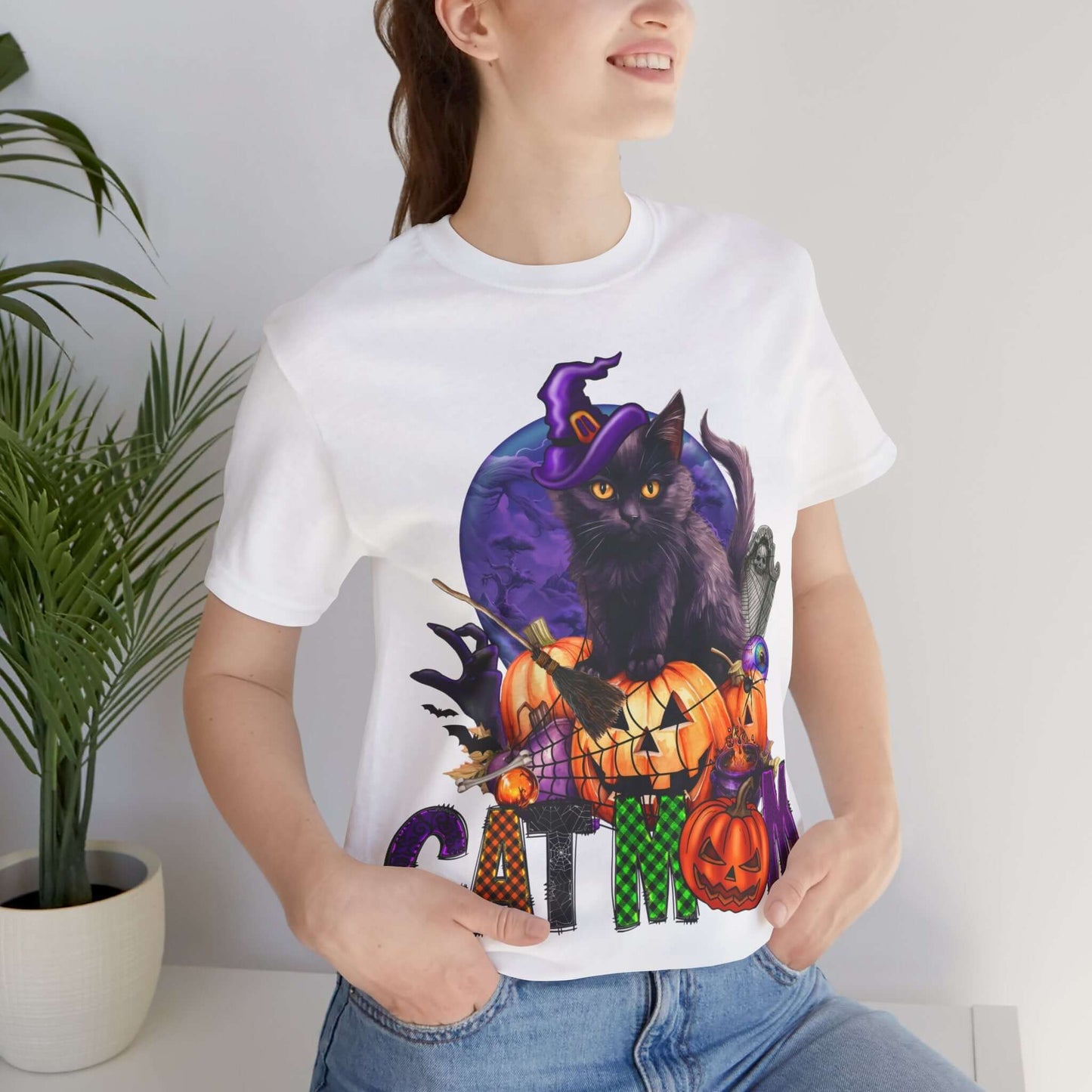 Cat Mom Women's T-shirt - Adorable Baby Black Cat, Pumpkins and Purple Moon, - Unique Halloween Outfits, Festive Parties, and Feline Fun.