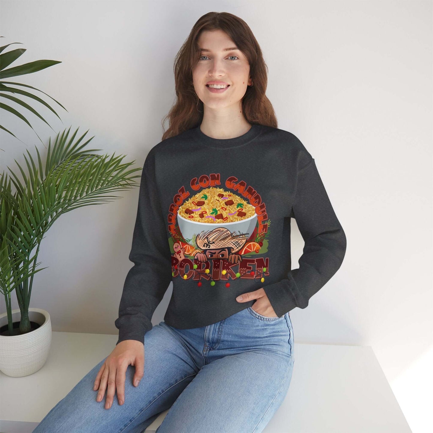 Woman wearing Arroz Con Gandules Christmas sweater with festive Puerto Rican design and "BORIKÉN" text.