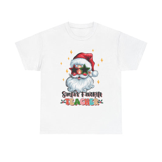 Santa's Favorite Teacher festive Christmas tee with Santa wearing star glasses, perfect appreciation gift for educators.