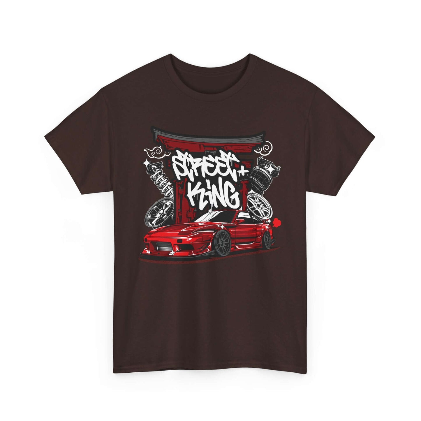 Urban Racing Art T-Shirt featuring stylized red sports car and graffiti at Japanese Torii Gate, perfect for car enthusiasts.