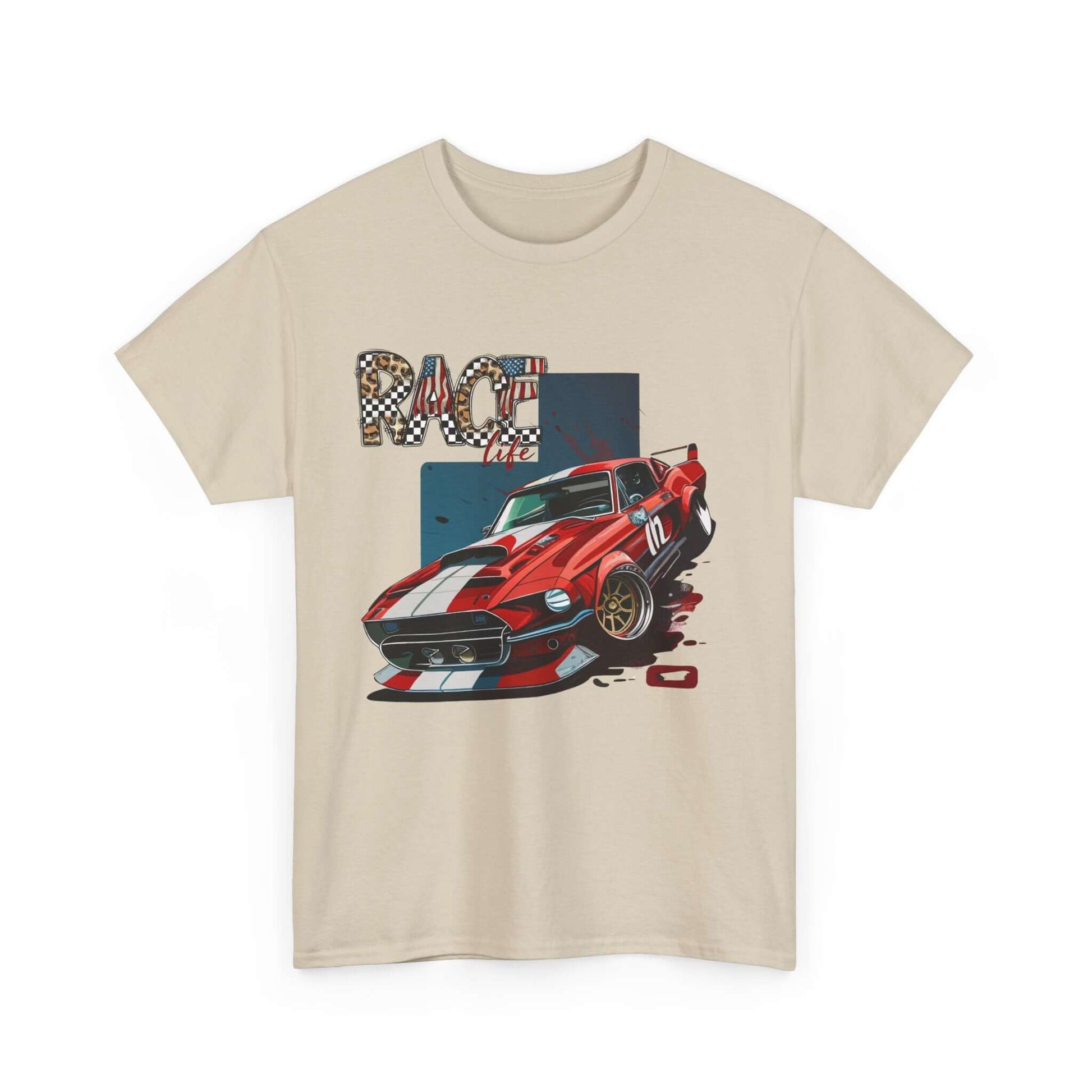 Racing Life Muscle Car T-Shirt with iconic Mustang design and 'RACE life' emblem, beige tee with a bold red car illustration.