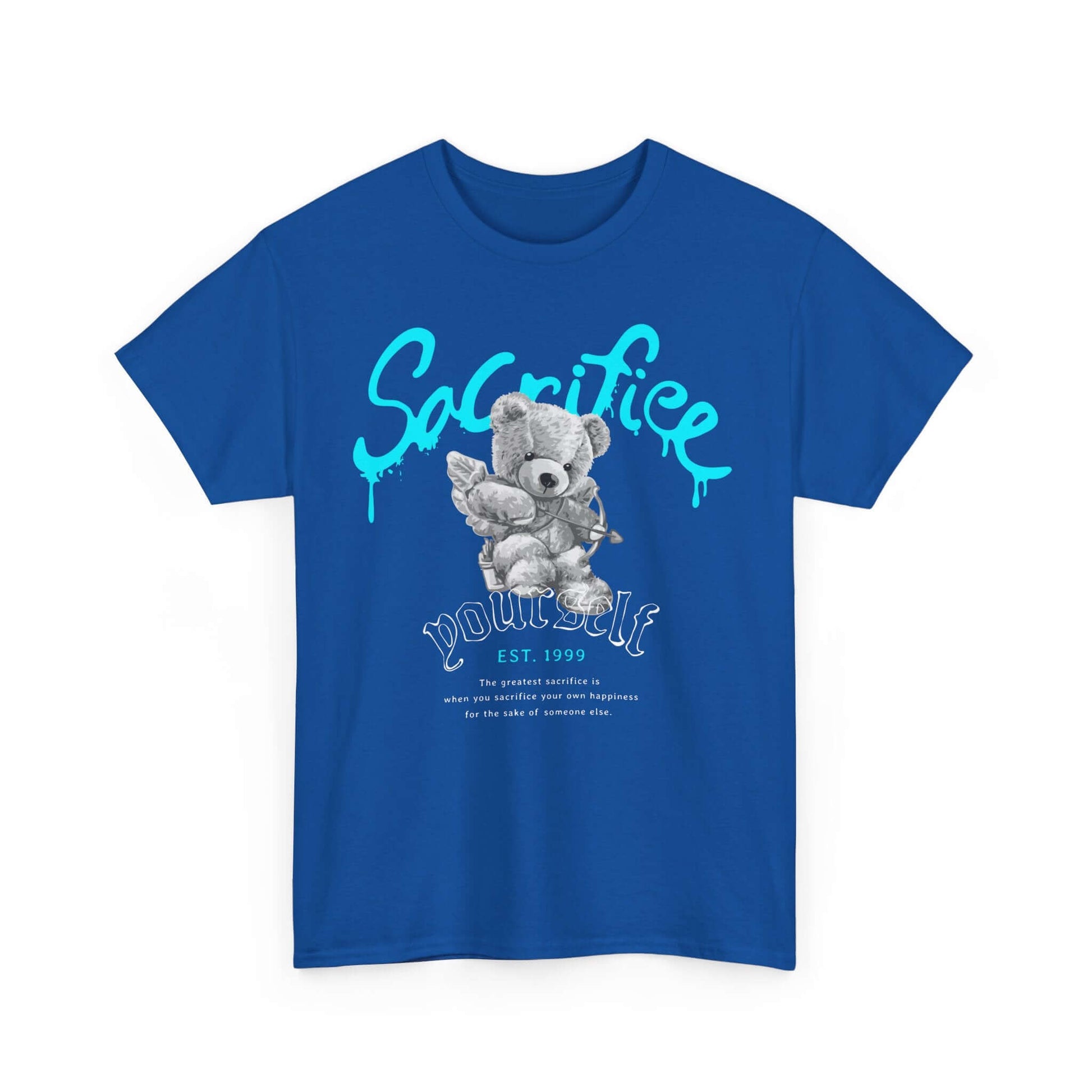 Blue whimsical bear tee with expressive "Sacrifice Yourself" graphic, perfect for playful streetwear lovers.