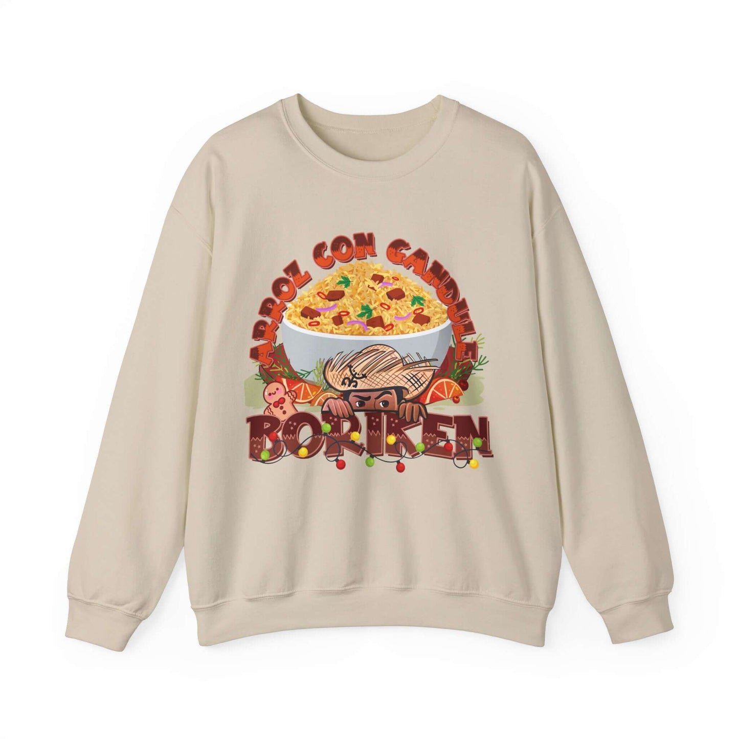 Festive Arroz Con Gandules Christmas Sweater with Puerto Rican holiday design featuring rice bowl and "BORIKÉN" text.